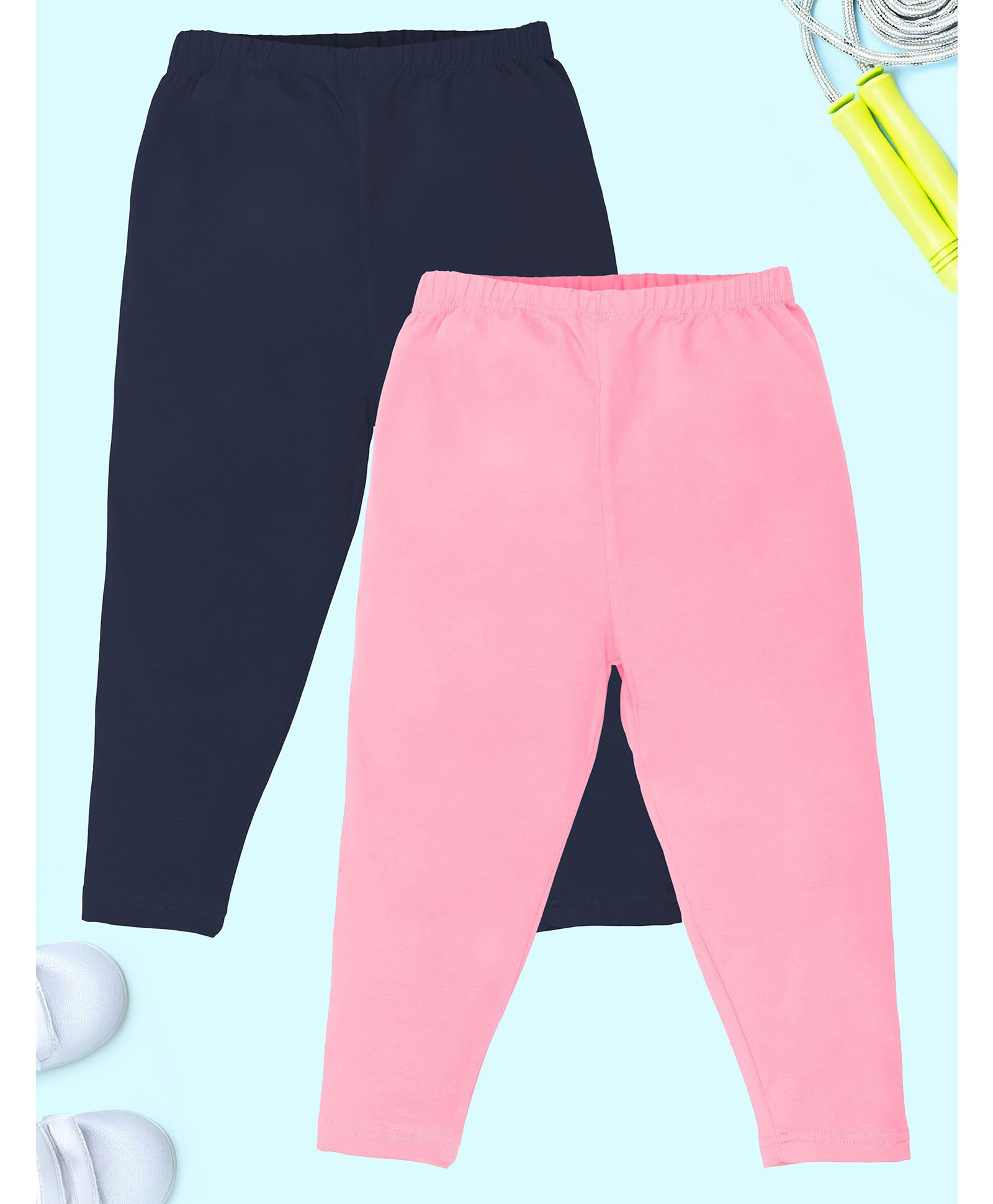 Kiddopanti Cotton Lycra Pack Of 2 Solid Capris - Baby Pink & Navy-image-33