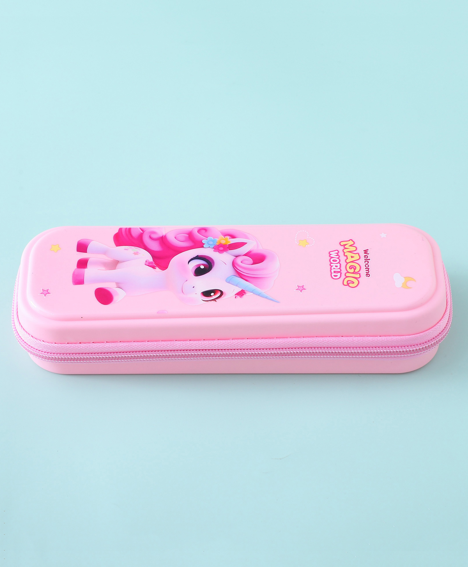 Unicorn Theme Pencil Pouch wit Hardtop Stationery Case & Zipper Closure - Pink