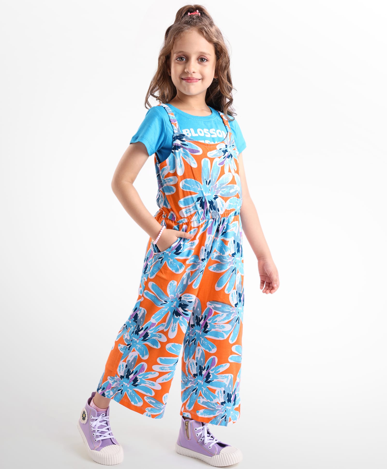 OLLINGTON ST. Cotton Floral Printed Jumpsuit Style Dungaree & Half Sleeves Inner Top -Light Blue & Orange-picture-12