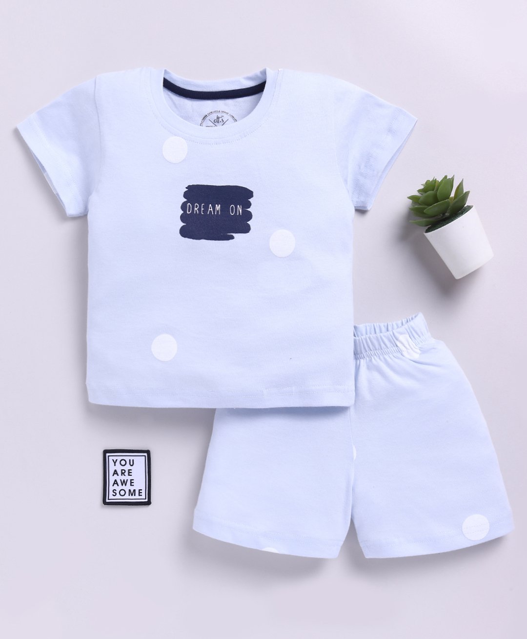 Clt.s Cotton Knitted Half Sleeves Dream On Text Printed Tee & Shorts Set - Blue-image-23