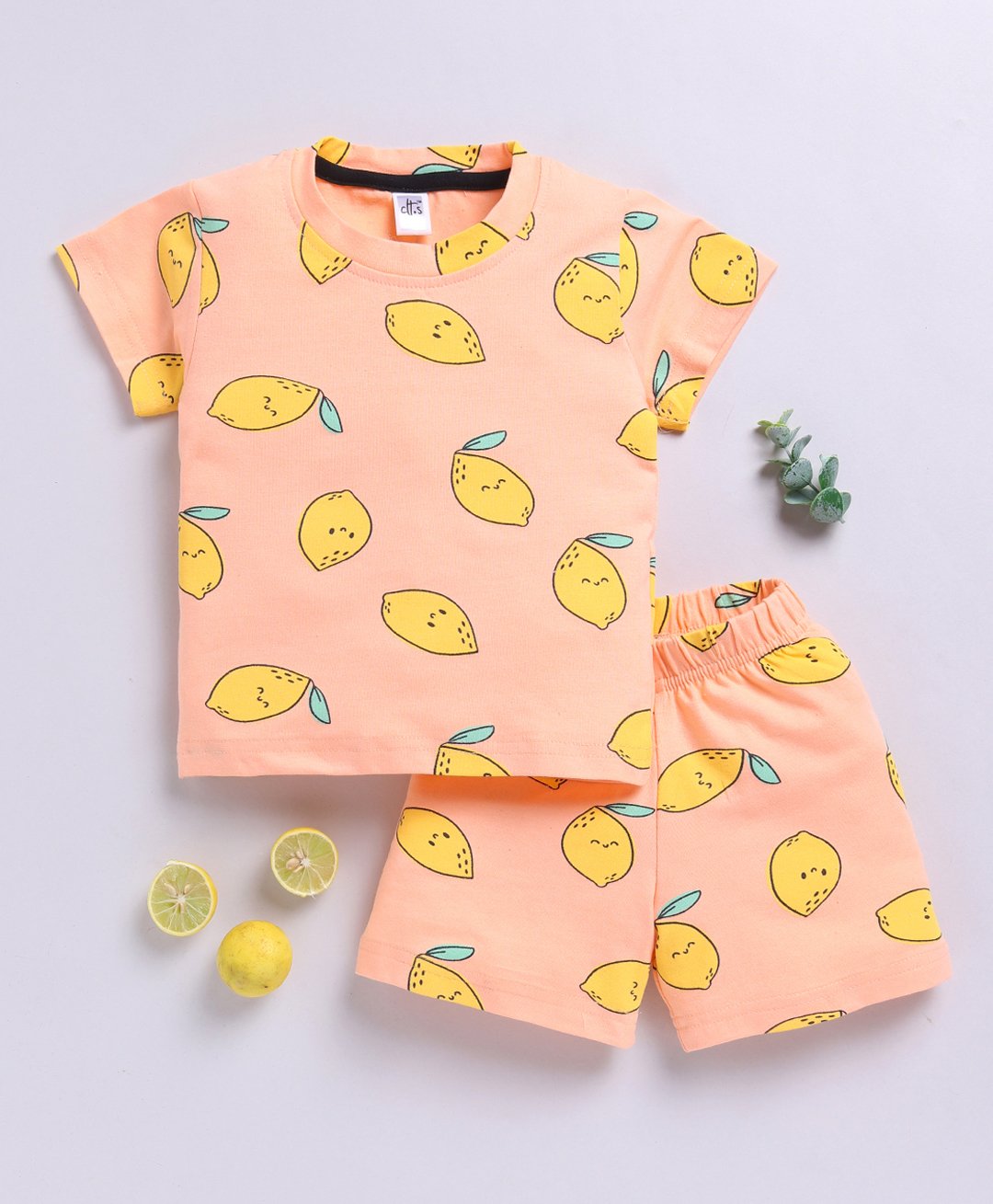 Clt.s Cotton Knitted Half Sleeves Lemon Printed Tee & Coordinating Shorts Set - Orange-image-21