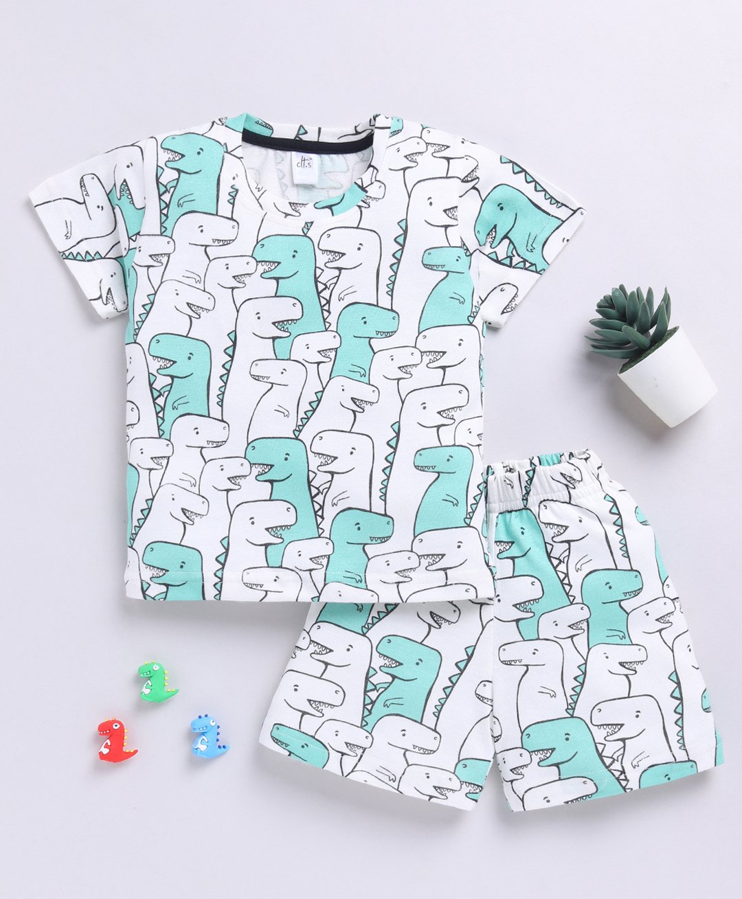 Clt.s Cotton Knitted Half Sleeves Dinosaurs Printed Tee & Coordinating Shorts Set - White-image-21