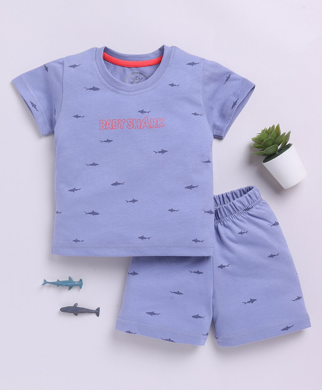 Clt.s Cotton Knitted Half Sleeves Sharks Printed Tee & Coordinating Shorts Set - Blue-image-19