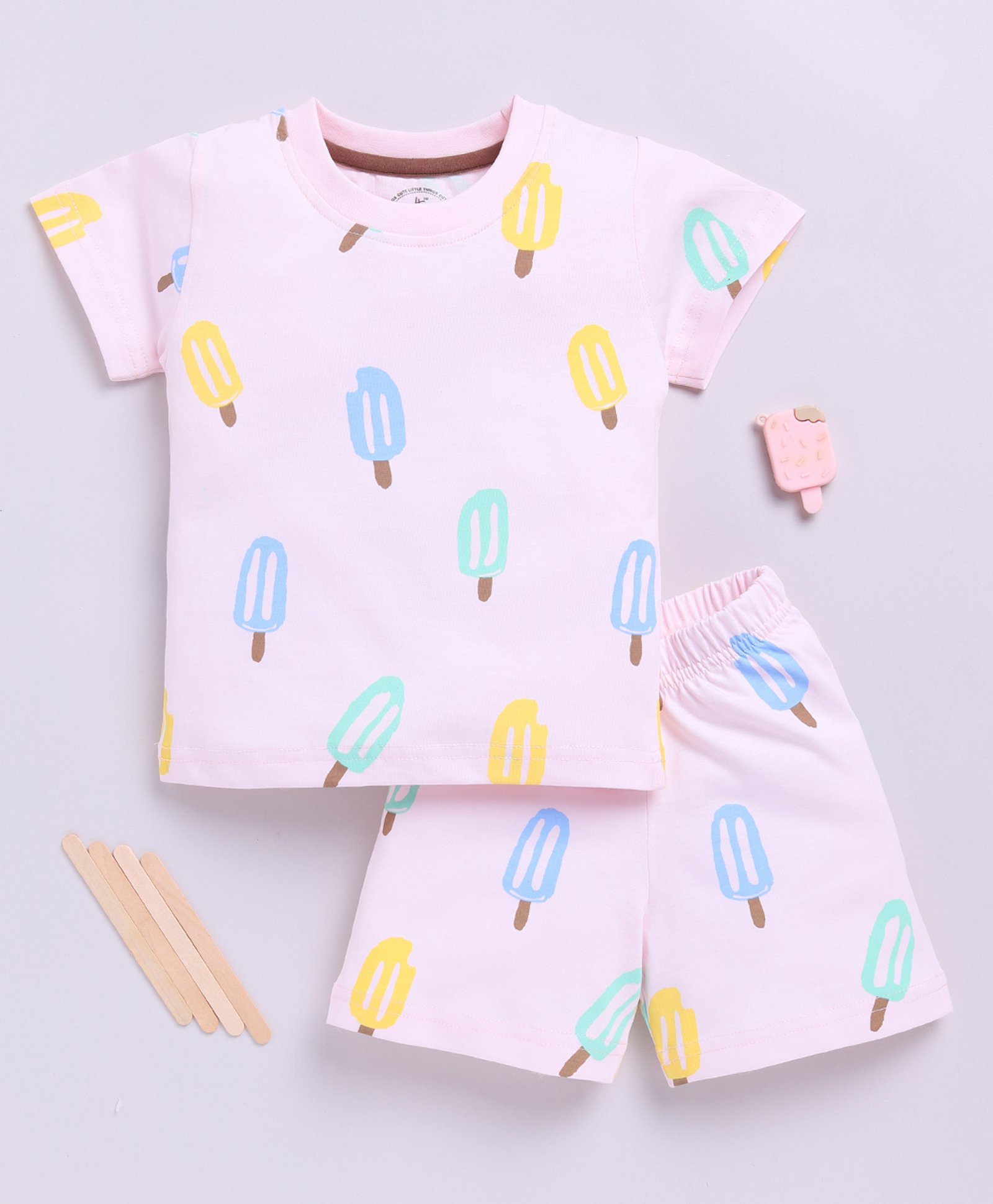 Clt.s Cotton Knitted Half Sleeves Ice Cream Printed Coordinating Night Suit Set - Pink-image-25