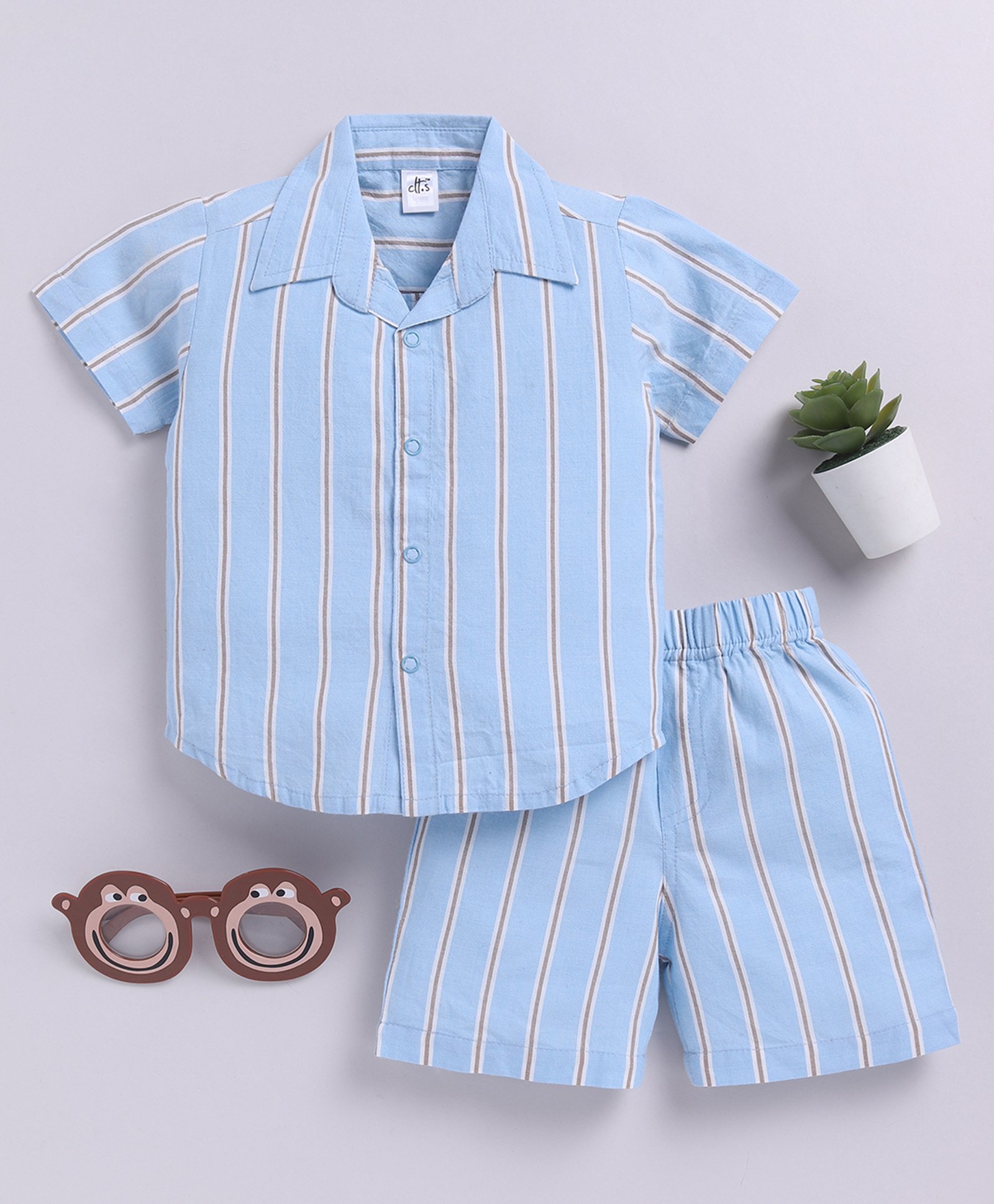 Clt.s Cotton Woven Half Sleeves Striped Coordinating Night Suit Set - Blue-image-44