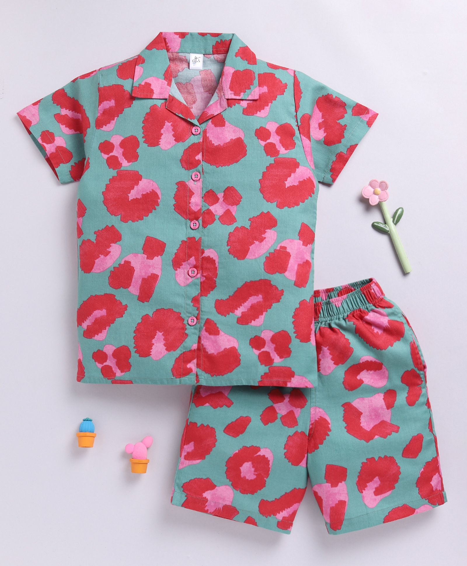 Clt.s Cotton Woven Half Sleeves Abstract Printed Coordinating Night Suit Set - Green-picture-11