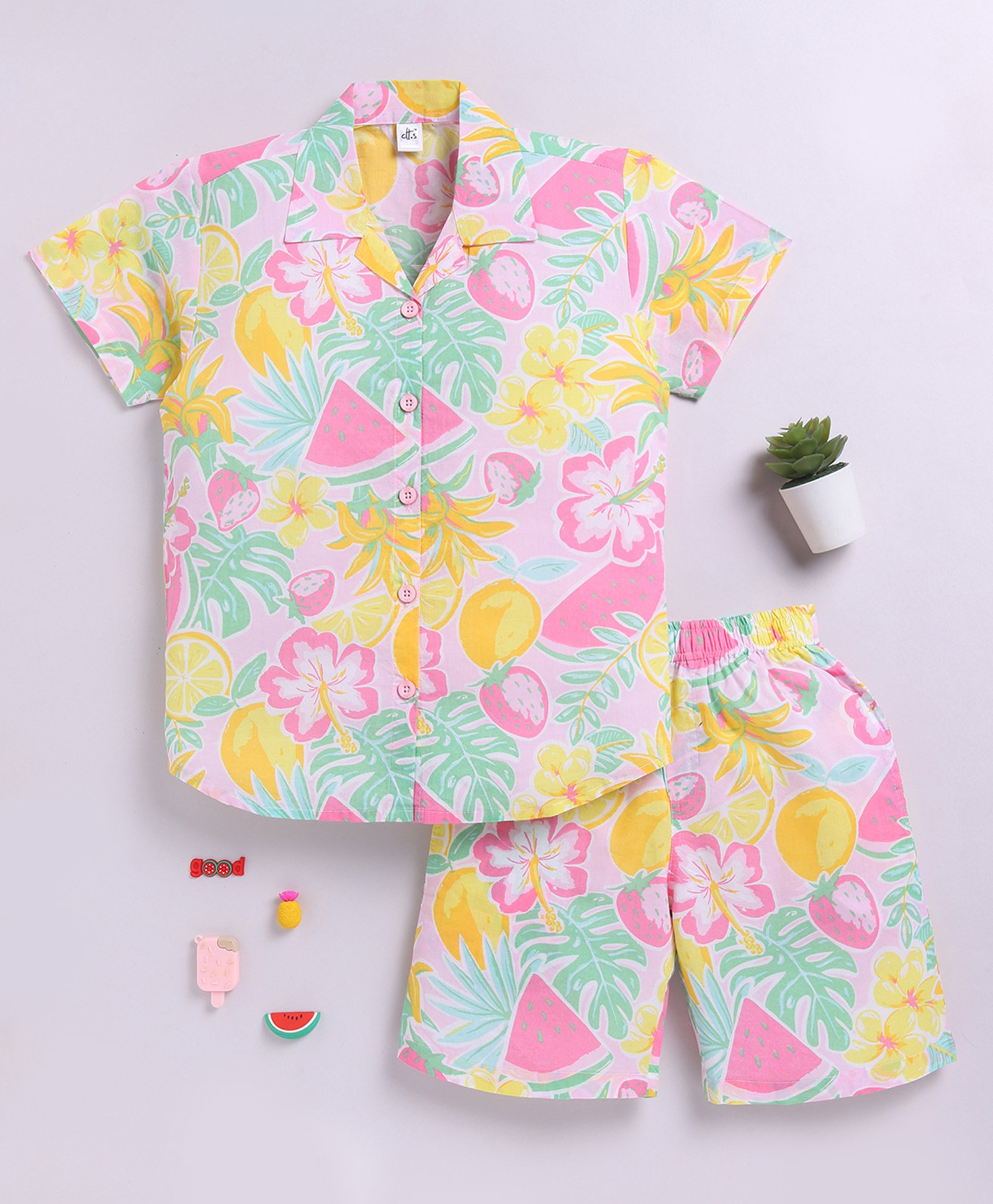 Clt.s Cotton Woven Half Sleeves Floral & Fruits Printed Coordinating Night Suit Set - Pink-picture-10