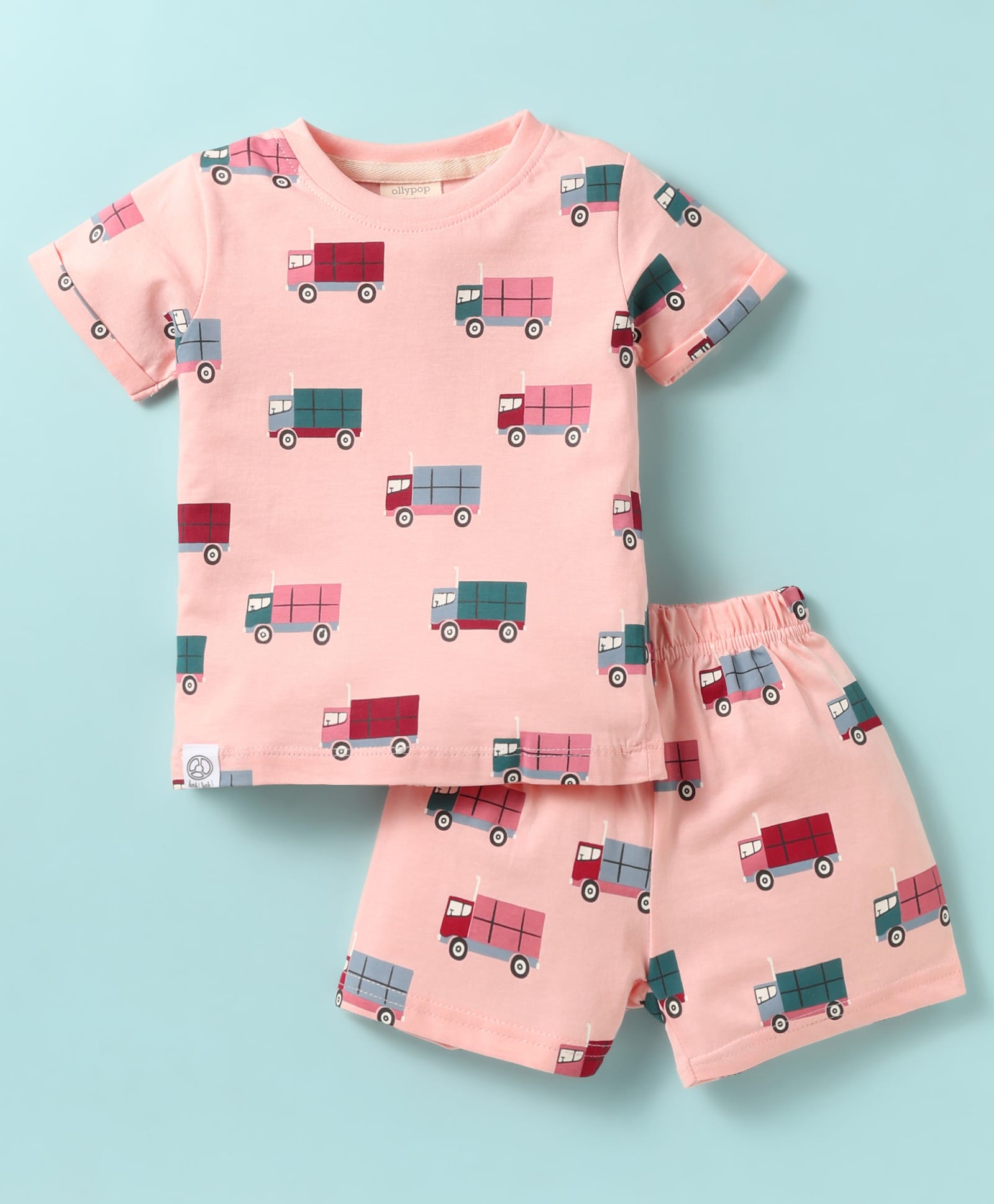 Ollypop Sinker Knit Half Sleeves Shorts Co-Ord Night Suit With Truck Print - Baby Pink-picture-42