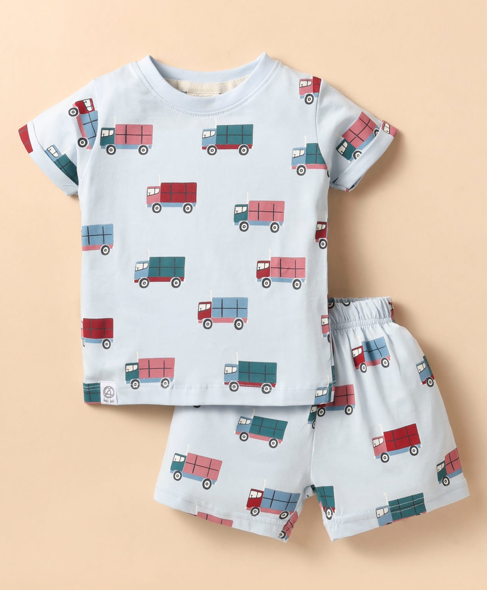 Ollypop Sinker Knit Half Sleeves Shorts Co-Ord Night Suit With Truck Print - Light Blue-image-37