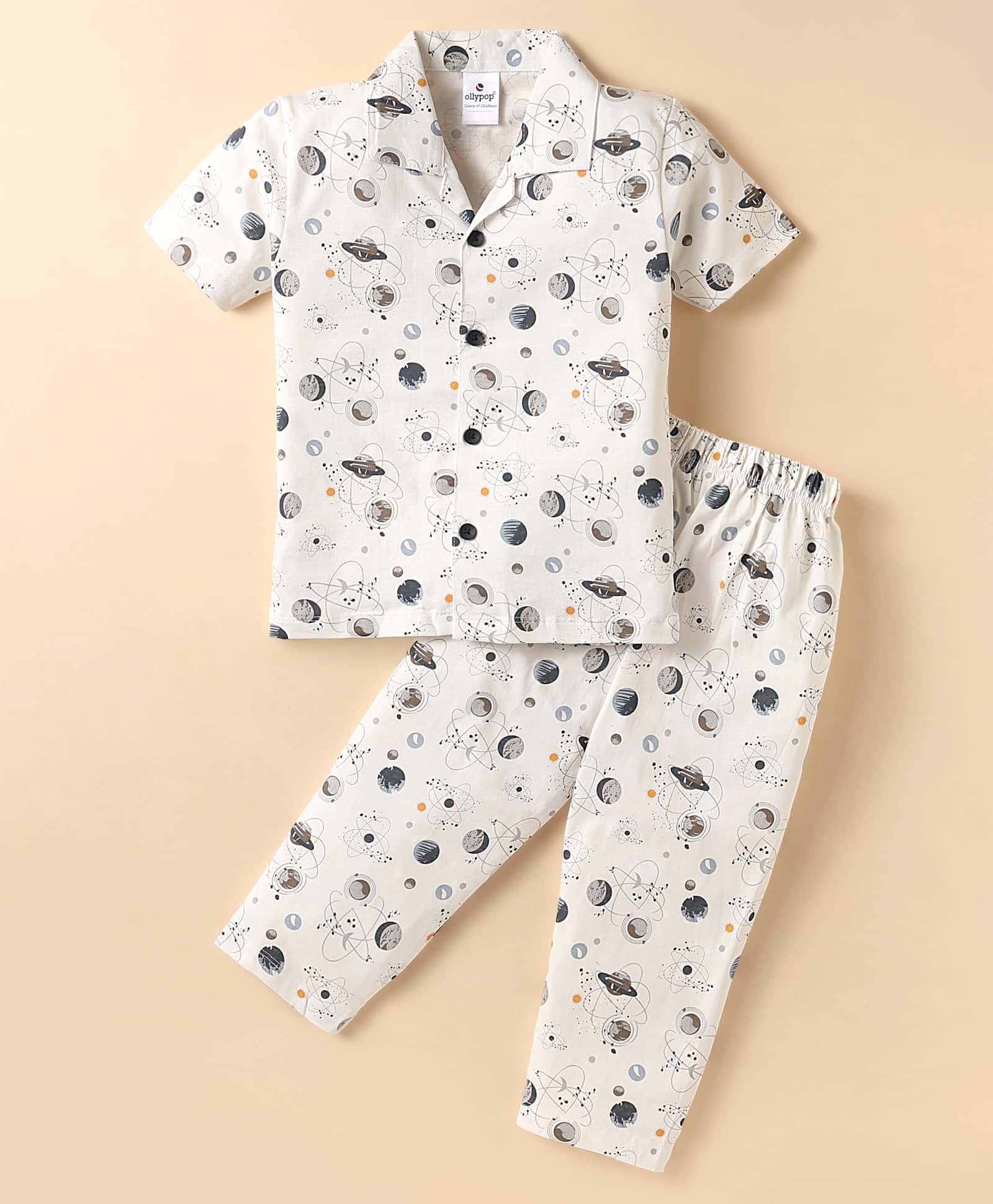 Ollypop Sinker Knit Half Sleeves Co-ords Night Suit with Planet Print - Off White-picture-49