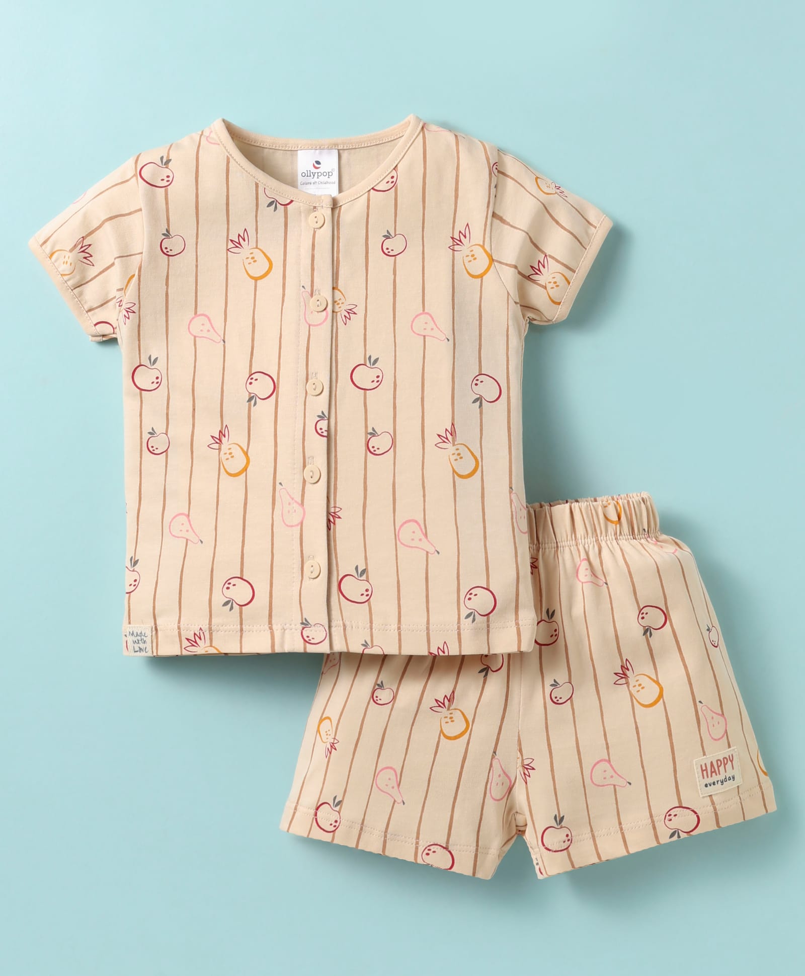 Ollypop Sinker Knit Half Sleeves Shorts Co-Ord Night Suit With Fruit Print - Peach-picture-7