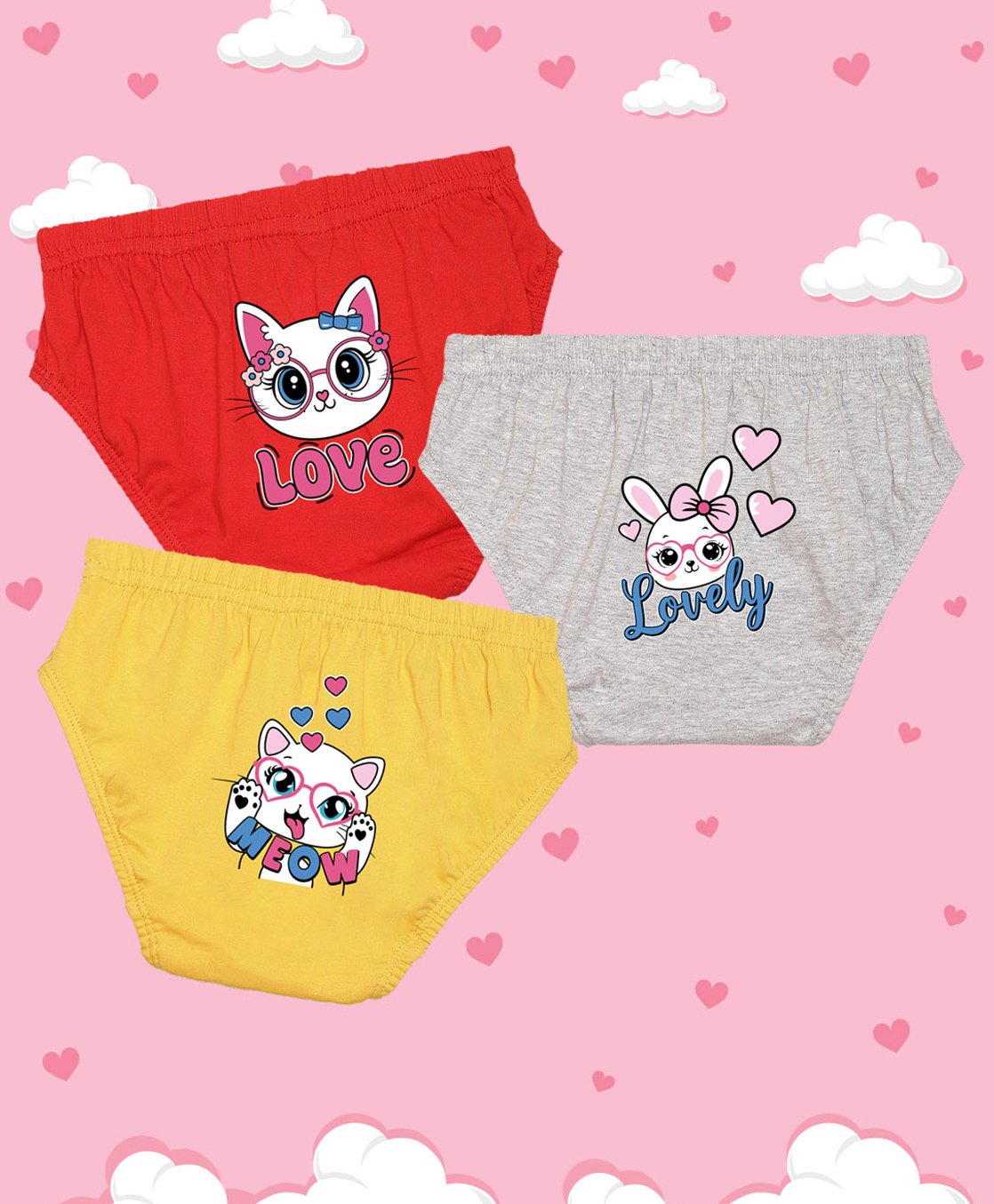 NUSYL Cotton Pack Of 3 Bunny & Cat Face Printed Panties - Red Grey & Yellow-picture-28