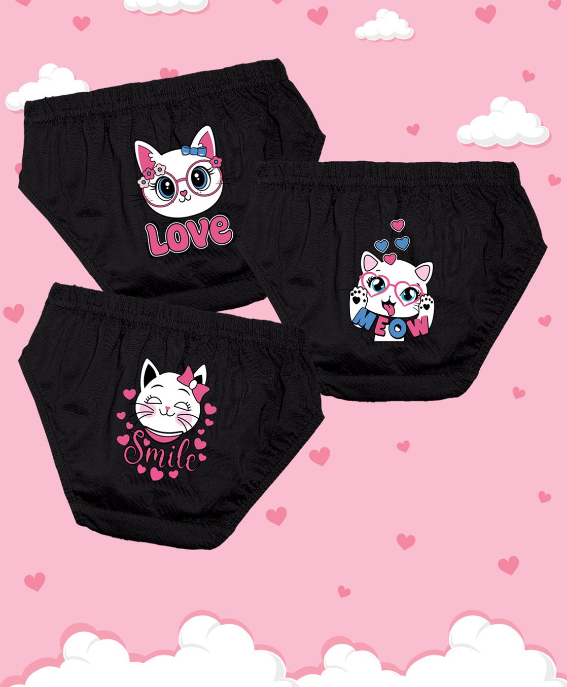 NUSYL Cotton Pack Of 3 Cute Kitty & Smile Text Printed Panties - Black-picture-21