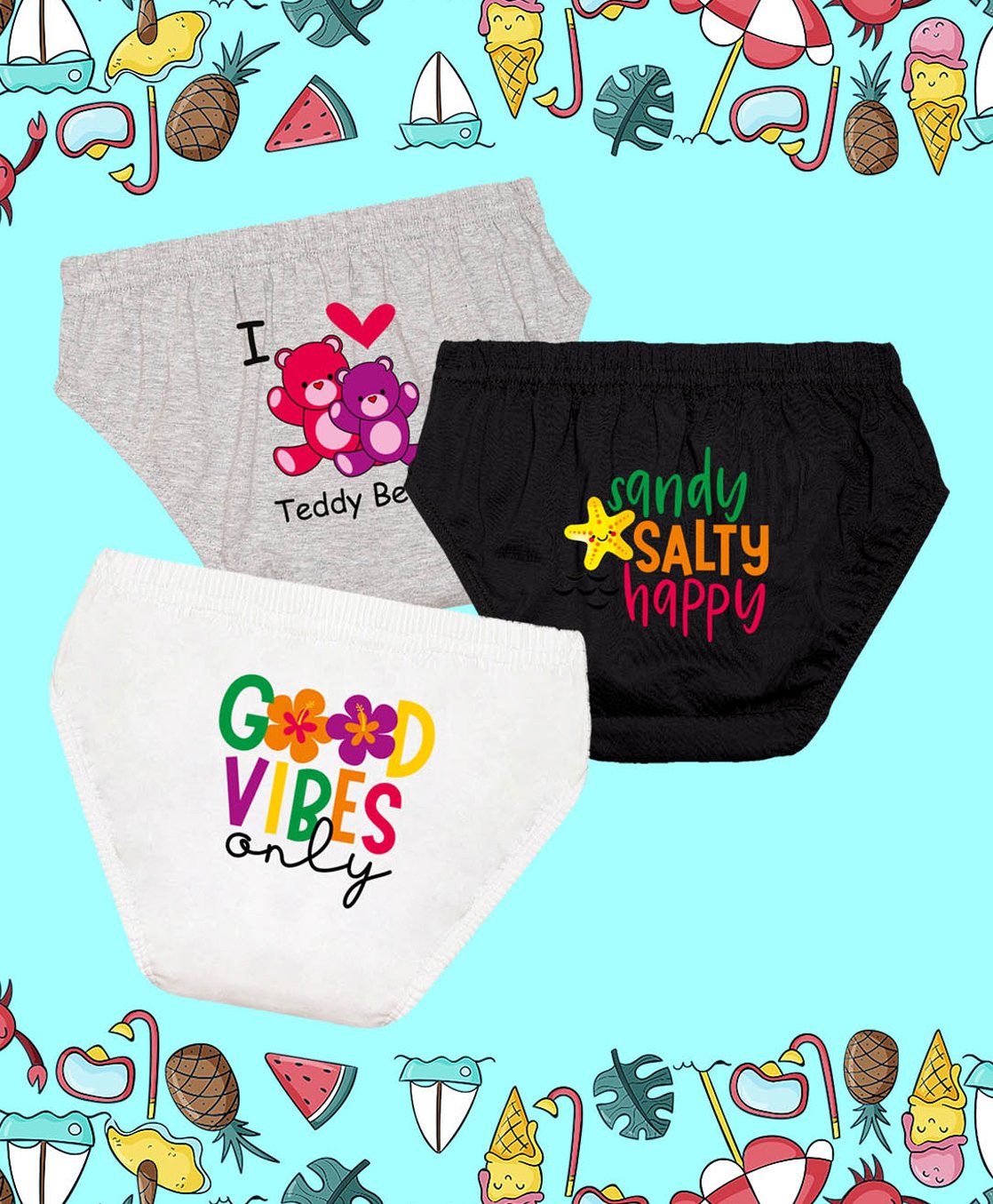NUSYL Cotton Pack Of 3 Good Vibes Only Text & Teddy Bear Printed Panties - Grey Black & White-picture-14