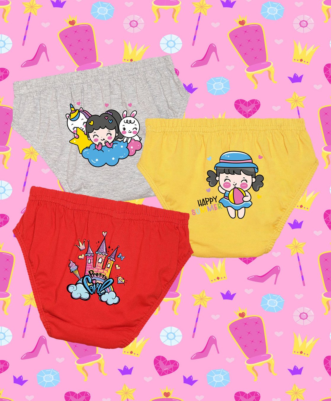 NUSYL Cotton Pack Of 3 Cute Girl & Unicorn Printed Panties - Grey Yellow & Red-image-10