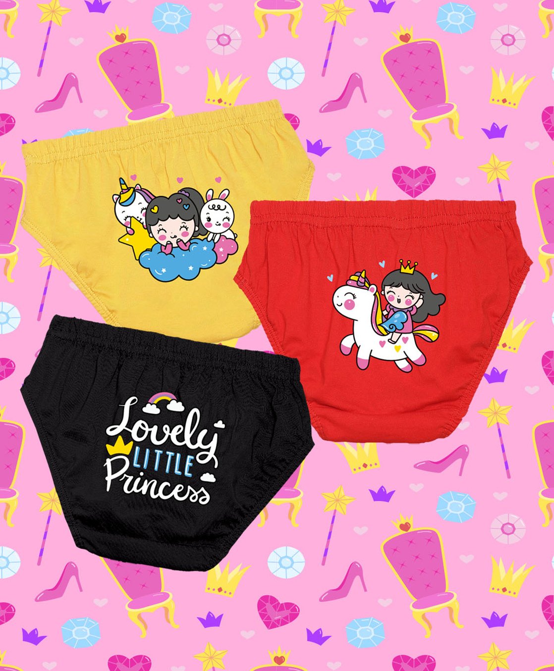 NUSYL Cotton Pack Of 3 Cute Girl & Unicorn Printed Panties - Yellow Red & Black-picture-40