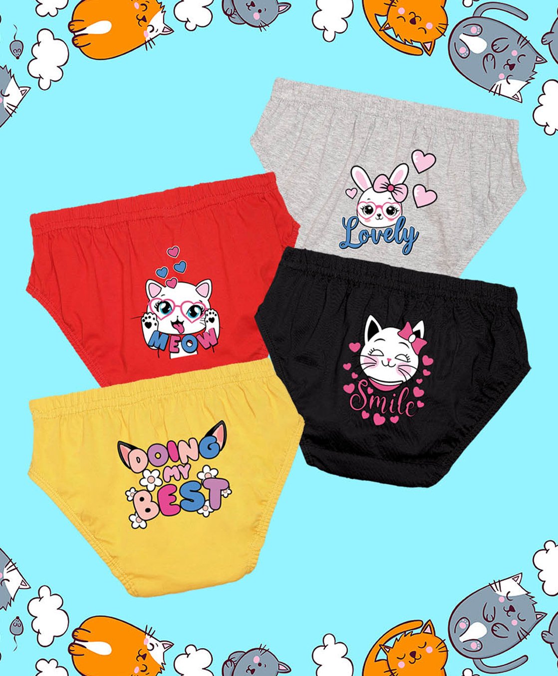 NUSYL Cotton Pack Of 4 Baby Cat & Hearts Printed Panties - Grey Red Black & Yellow-image-11