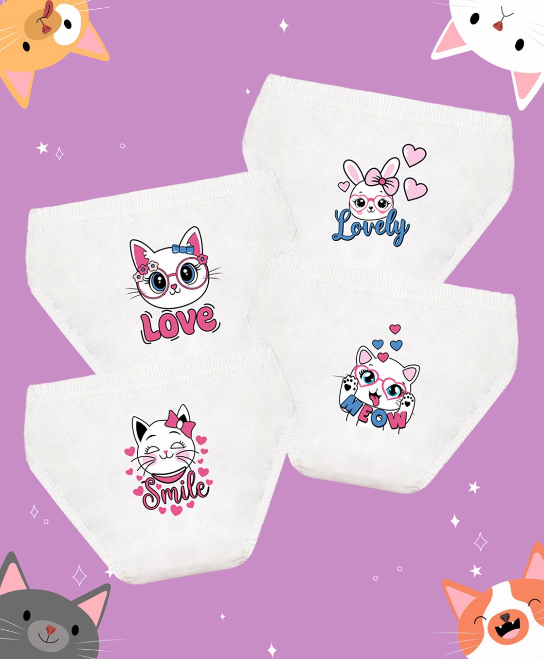 NUSYL Cotton Pack Of 4 Cat & Bunny Printed Panties - White-picture-19