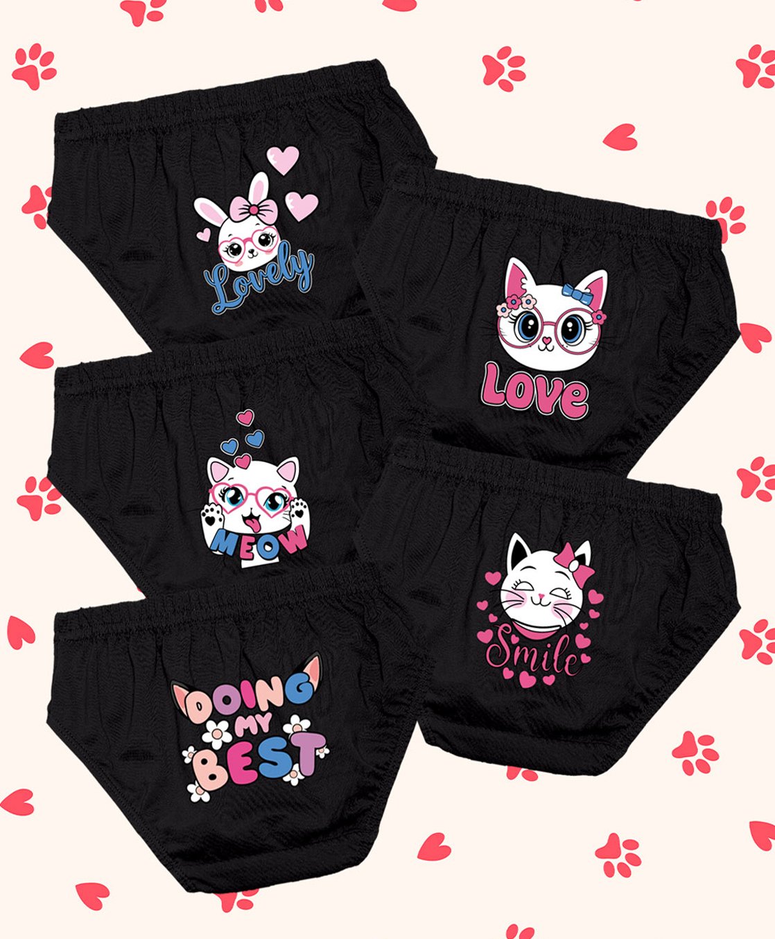 NUSYL Cotton Pack Of 5 Cat Printed Panties - Black-picture-24