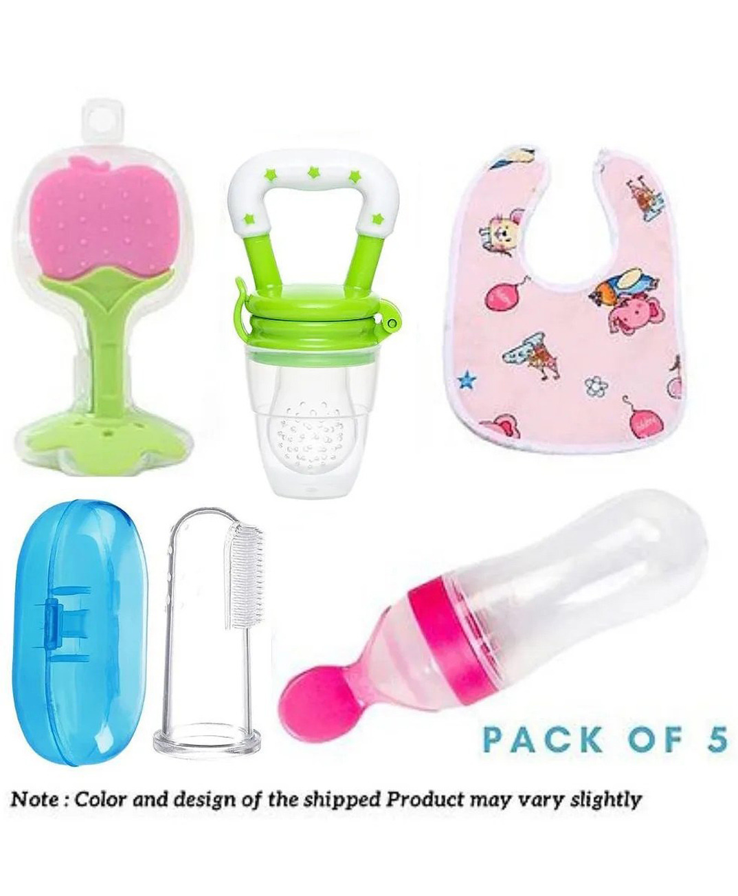 Numum Fruit Feeder Pacifier (1 Pcs) with 1 PCS Silicone Baby Food Dispensing Spoon 90ML and 1 pcs Fruit Teether 1pcs Finger Brush 1 pcs Baby bib (5 PCS Multi Combo) (Color and design may vary)-image-15