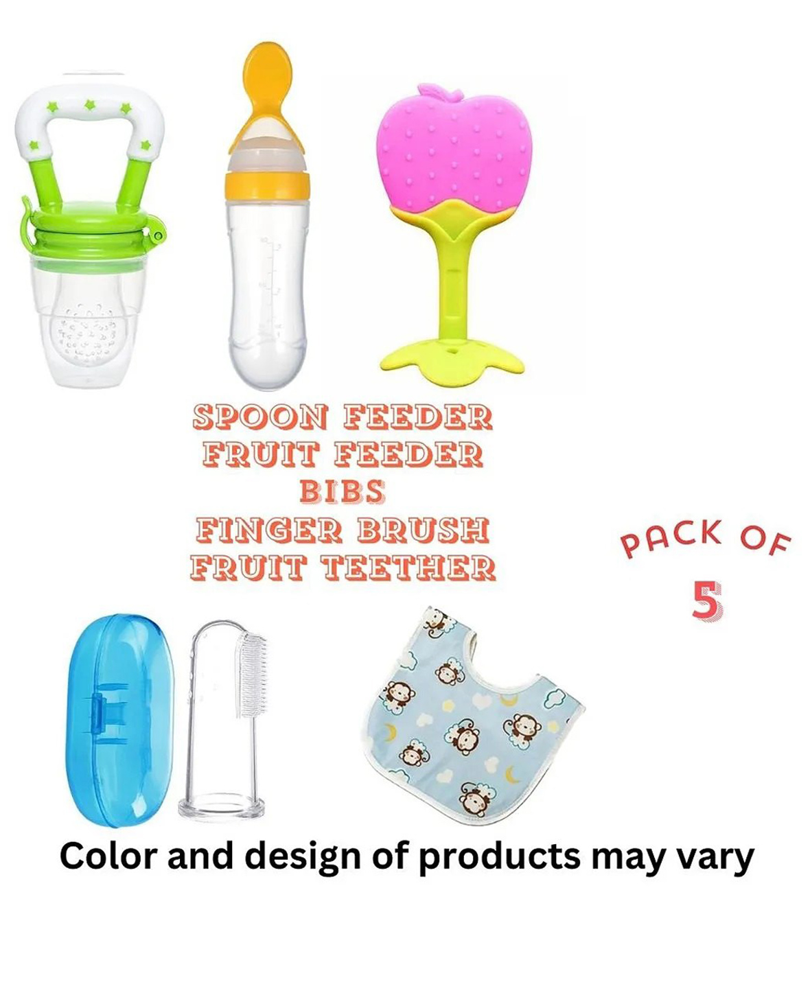 Numum Baby Fruit Feeder Pacifier (1 Pcs) with 1 PCS Silicone Baby Food Dispensing Spoon 90ML and 1 pcs Fruit Teether 1pcs Finger Brush 1 pcs Baby bib (U Multi 5) (Color and design may vary)-image-16