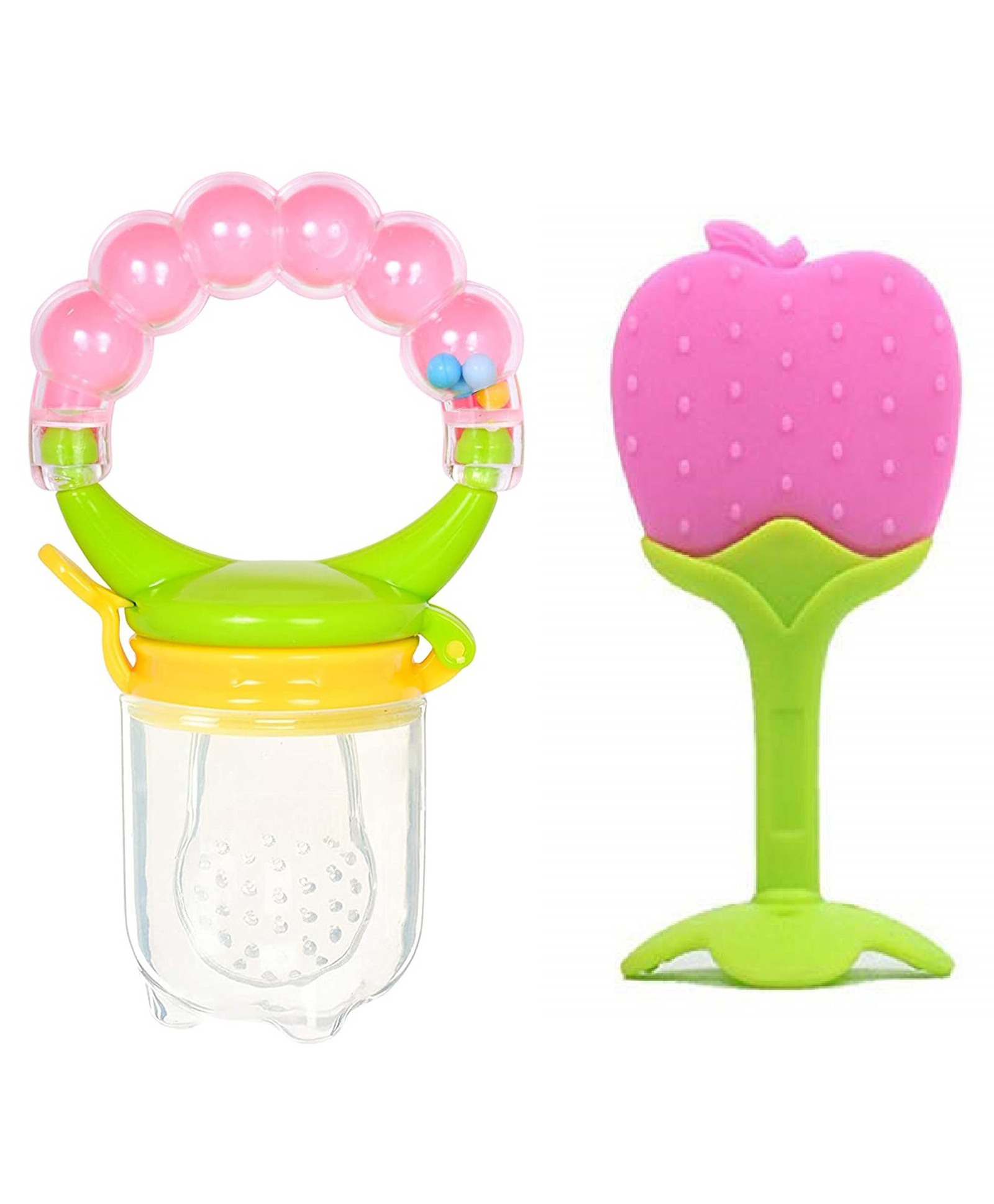 Numum Apple Fruit Shape Silicone Teether With Fruit Food Feeder Nibbler Pack Of 2 (1 Ring Nibbler pink - 1 Fruit Teether pink) (Color and design may vary)-image-22