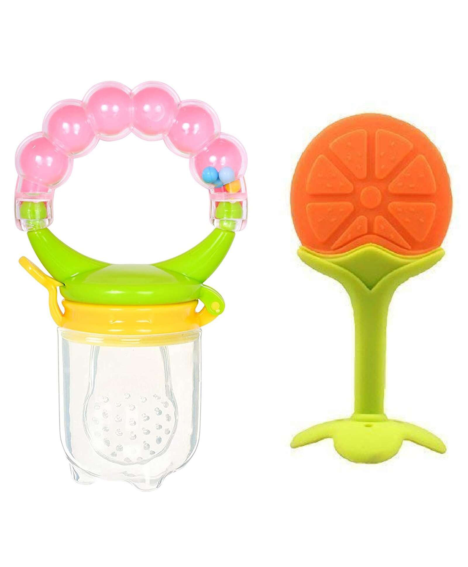 Numum Silicone Fruit Teether and Ring Food Nibbler for Baby Pack of 2 ( 1 Ring Nibbler pink - 1 Fruit Teether orange)( Color and design may vary)-image-46