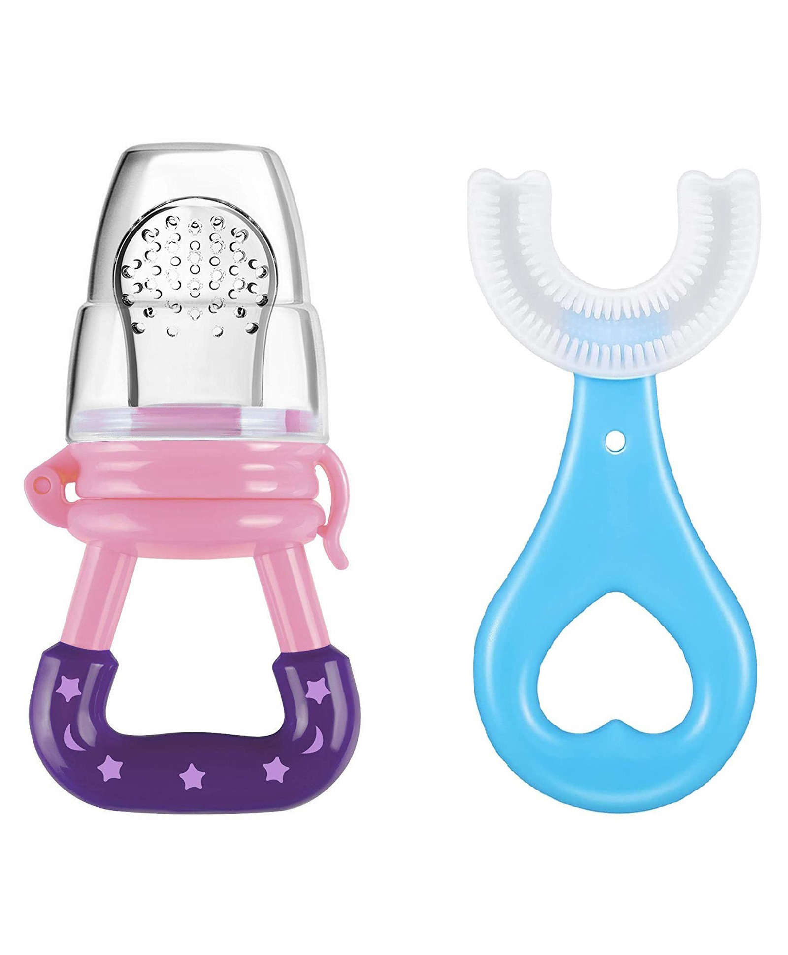 numum Baby Fruit Nibbler and U Shaped Brush for Kids - (Pink Fruit Feeder, Blue U shape Brush) (Color and design may vary)-image-23