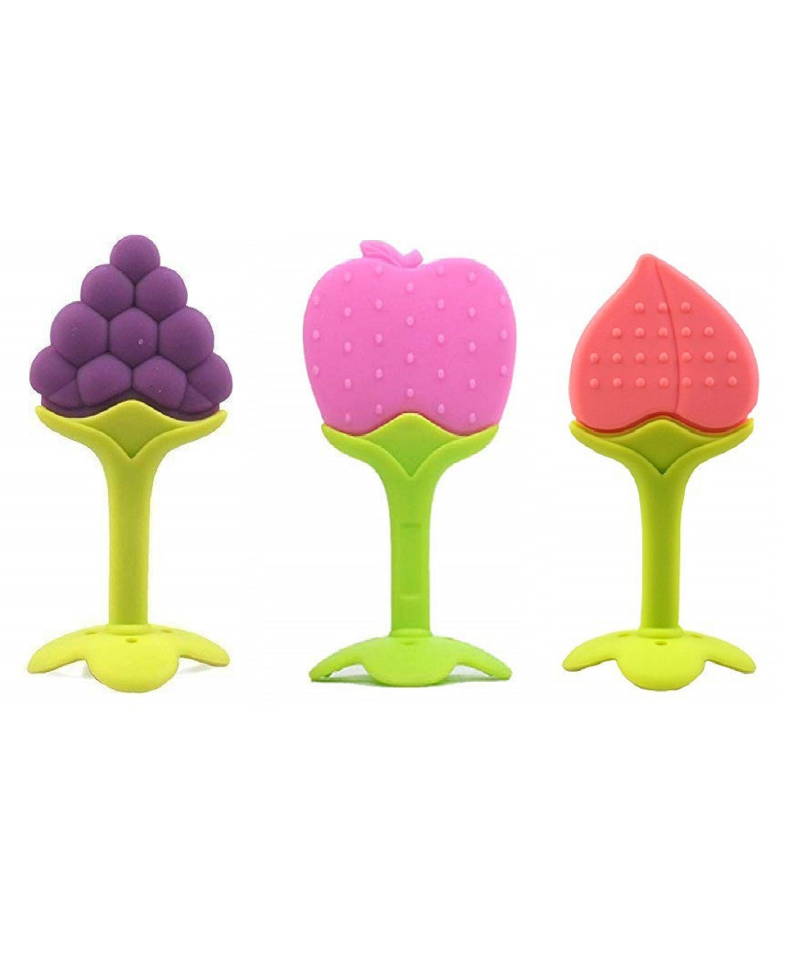 Numum Silicone Peach Apple & Grapes Shape Teether Pack of 3 - Multicolour (Color and design may vary)-image-3