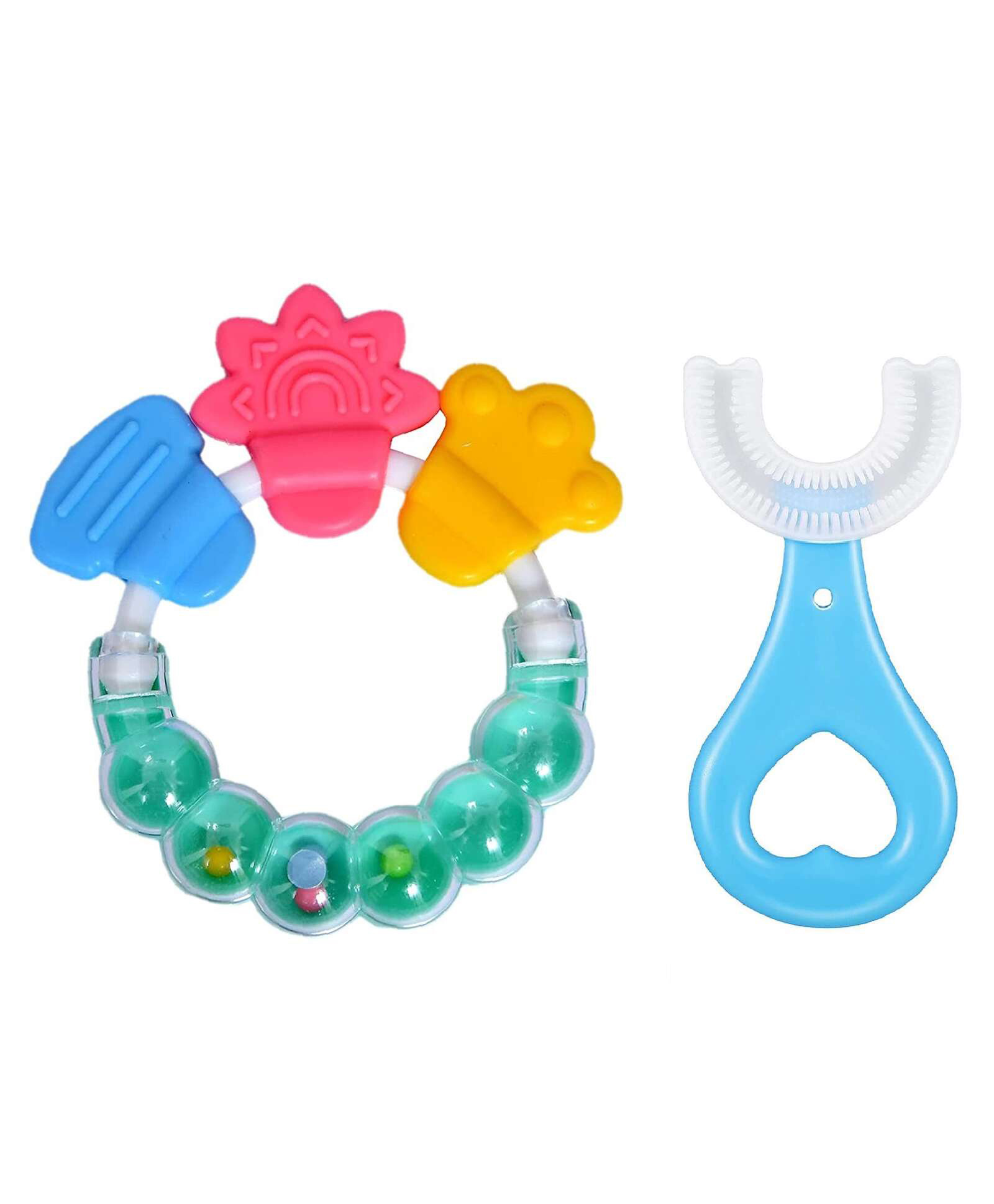 numum Ring Teether and Soft U Shaped Toothbrush (Blue U Shape Brush, Green Ring teether) (Color and design may vary)-image-7