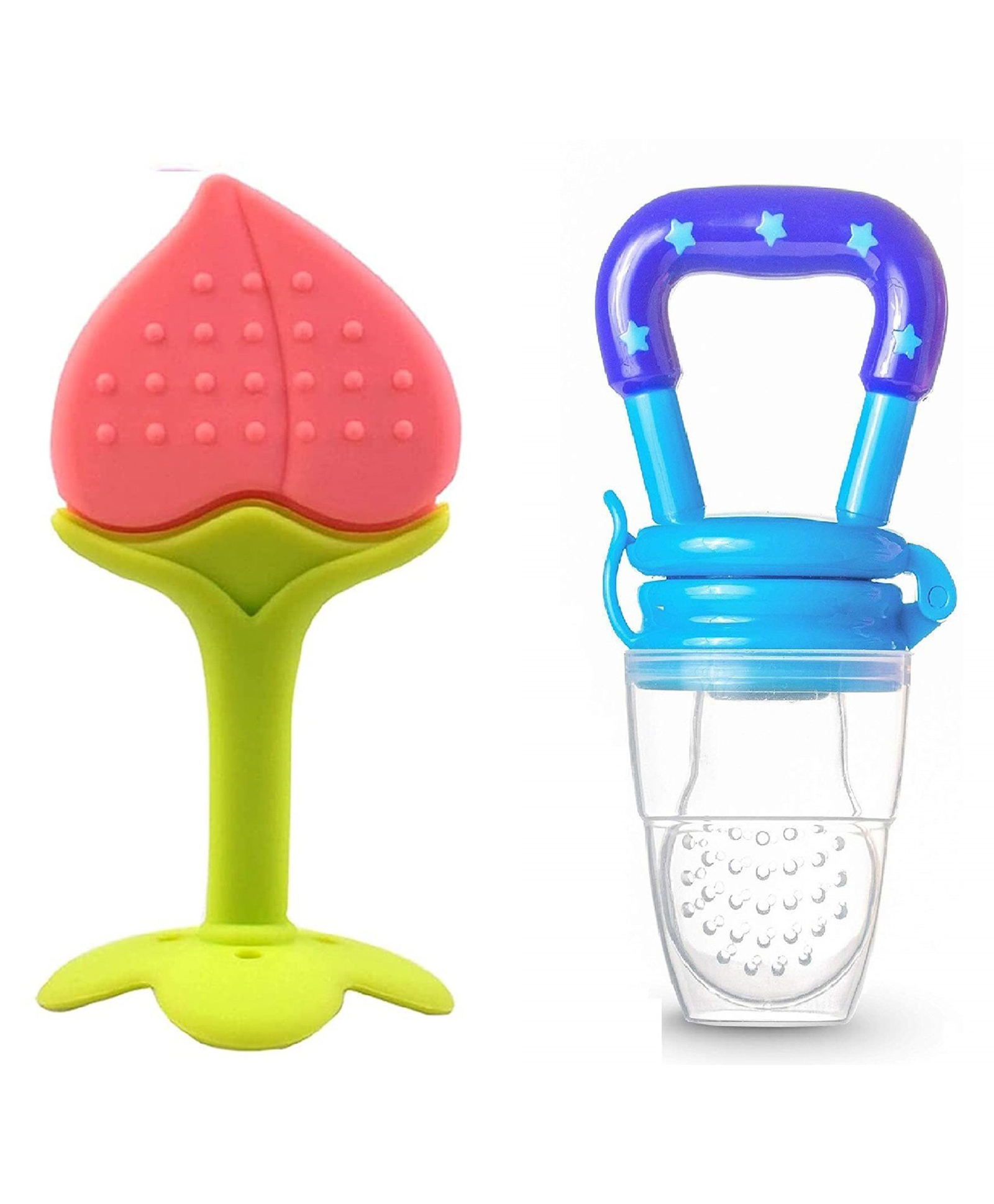 numum Silicone Fruit Shape Teether With Fruit Nibbler -(peach fruit teether, blue fruit feeder) (Color and design may vary)-image-21