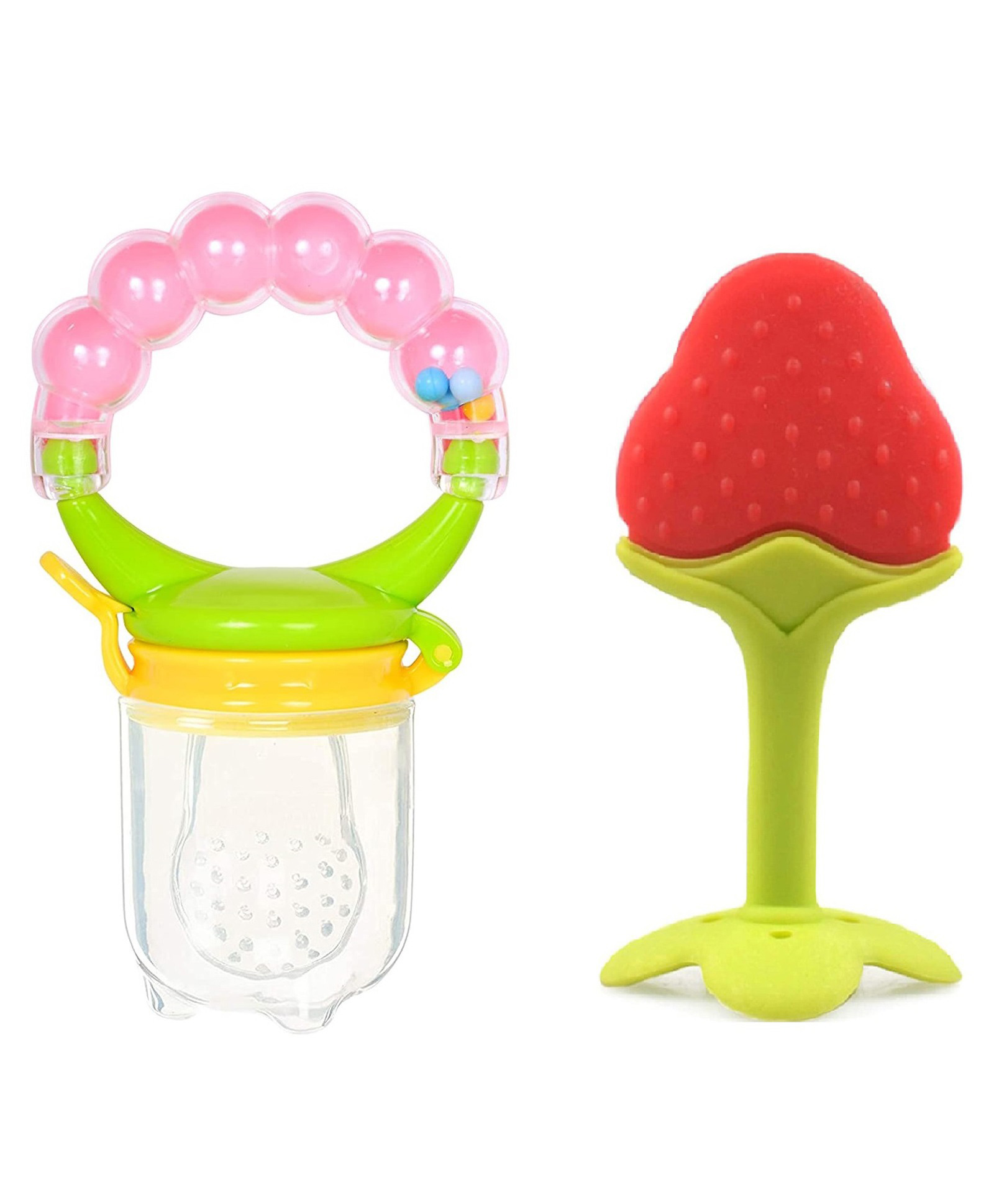Numum Silicone Fruit Teether and Ring Food Nibbler for Baby Pack of 2 ( 1 Ring Nibbler pink - 1 Fruit Teether Strawberry)( Color and design may vary)-image-1
