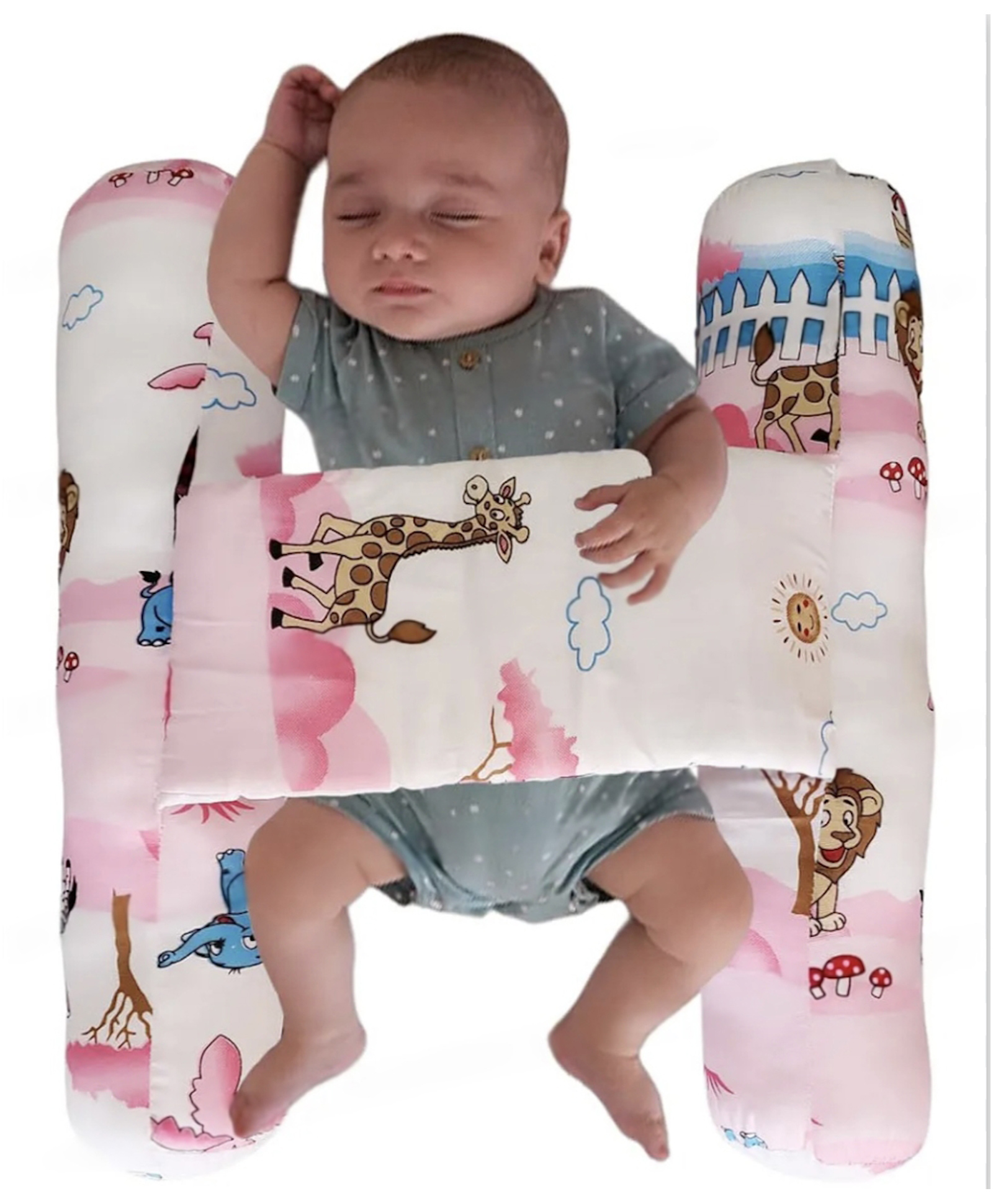 numum Unisex Infant Toddler Baby Anti Rolling Bolster Pillow, Baby Sleep Positioner Pillow for Newborn (Jungle-Pink)(Color and design May vary)-image-12