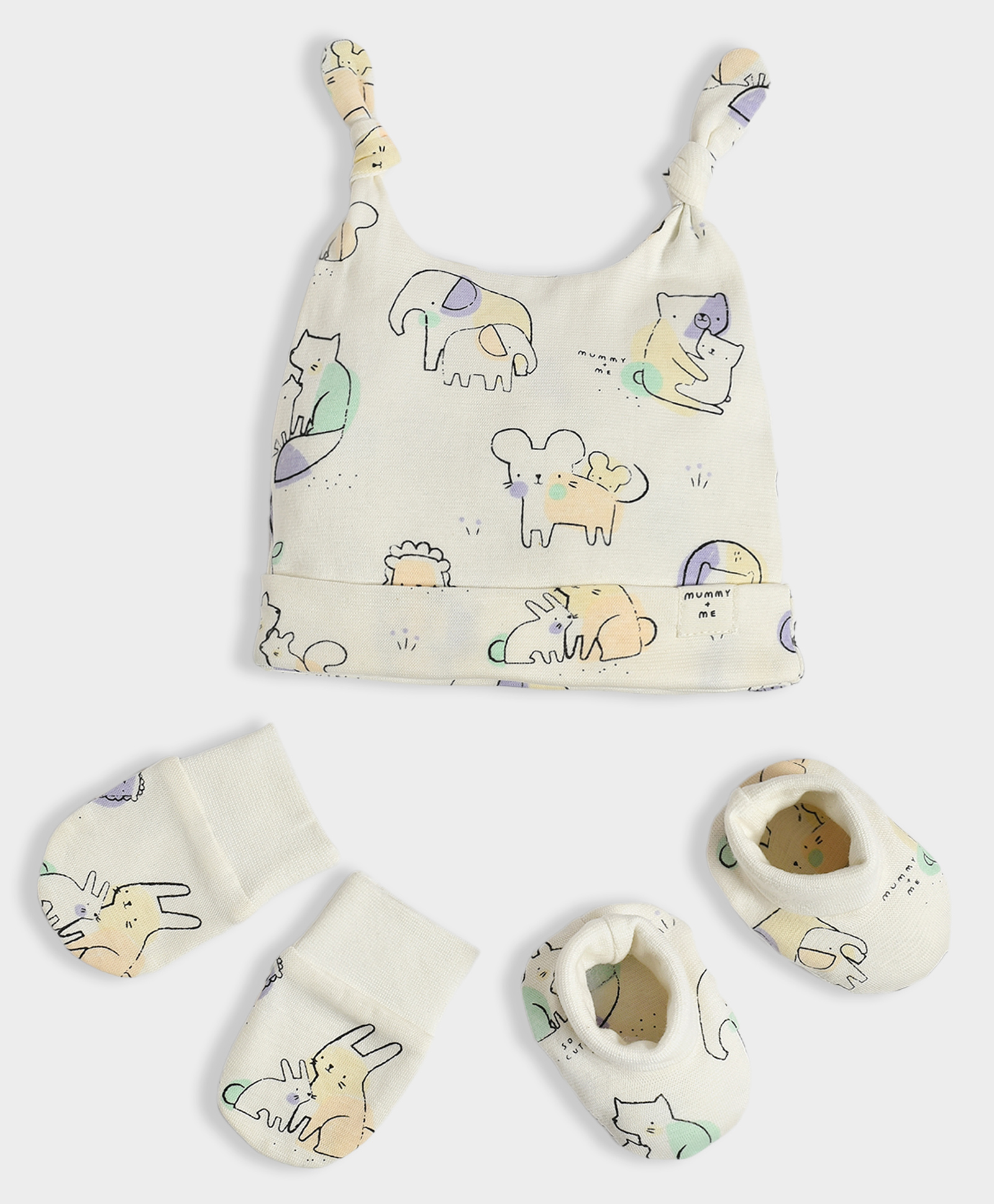 Mi Arcus Cotton Spandex Baby Animals Designed Cap Mittens & Booties Set - Cream-image-34