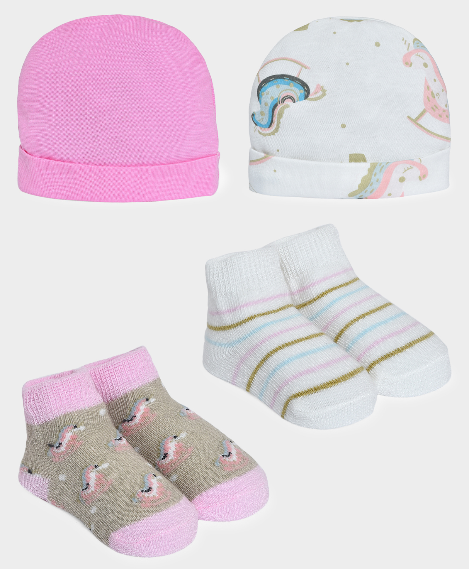 Mi Arcus Pack Of 2 Baby Unicorns Designed & Striped Caps & Socks Set - Multi Colour- Diameter- 30 cm-picture-17
