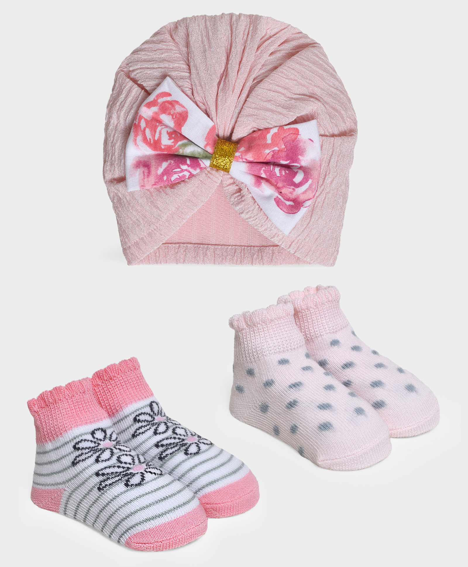 Mi Arcus Pack Of 3 Bow Applique Detailed Floral Designed Cap & Socks - Pink & Purple-image-36