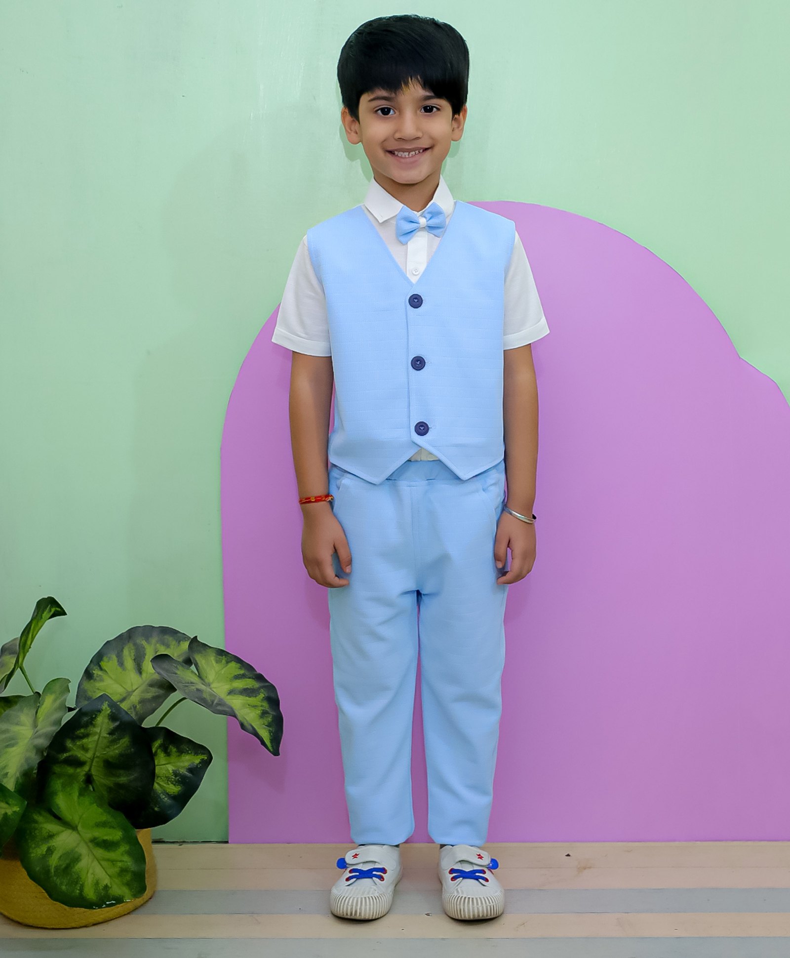 The Mom Store Half Sleeves Solid Shirt With Waistcoat Pant & Bow Set - Pastel Blue-picture-13