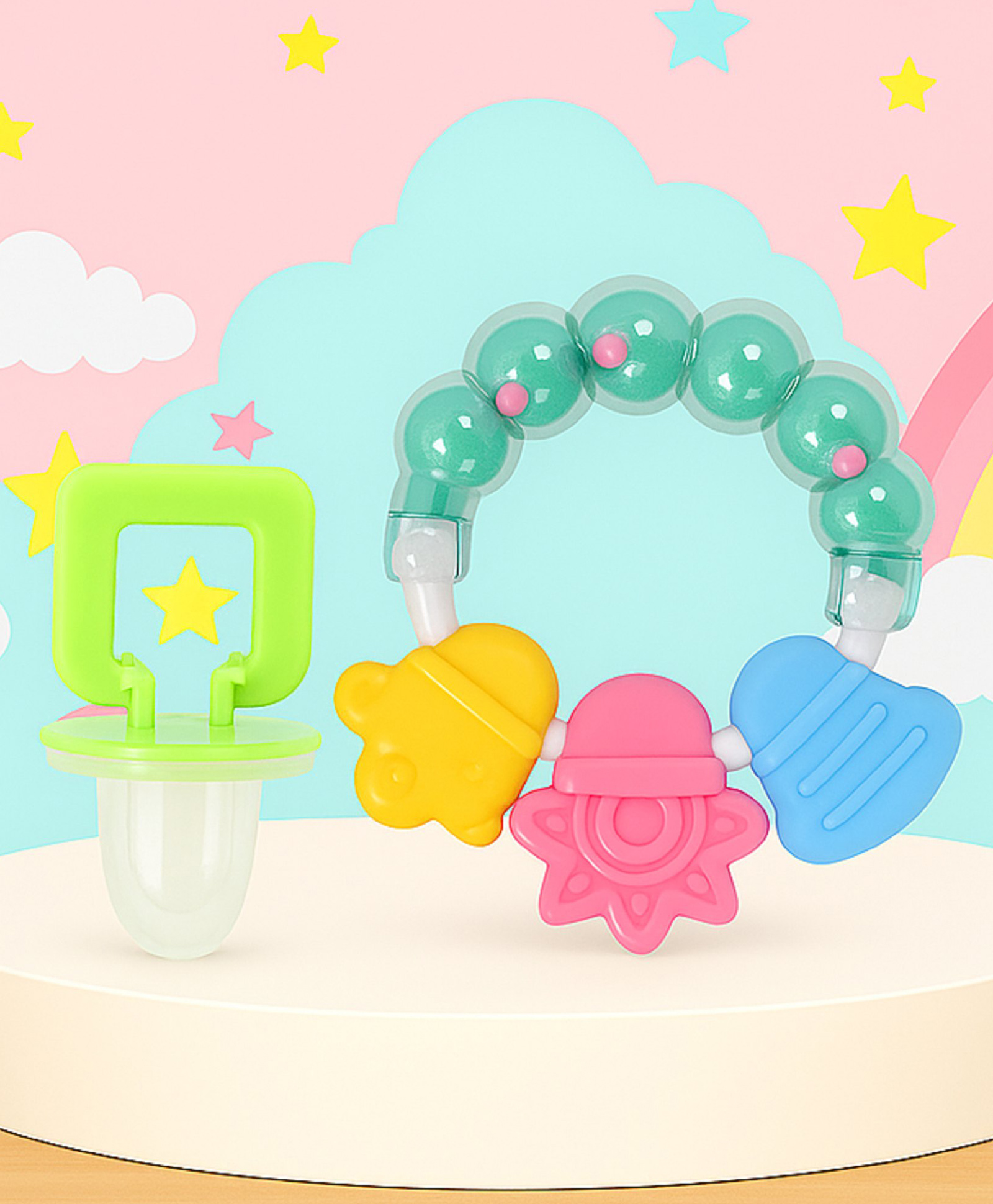 The Cheeky Kidzz Baby Pacifier Ultra Light Soft Silicone Nipple Orthodontic Design with Ring Shape Rattle Teething Toy BPA-Free Teether (GREEN)-image-34