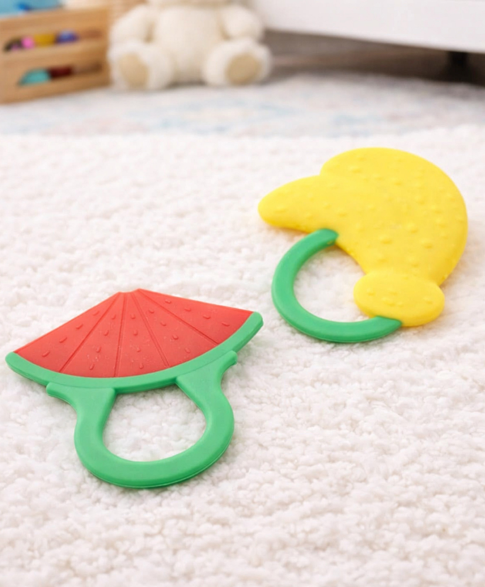 The Cheeky Kidzz Pack of 2 Baby Silicone Fruit Shape Teethers Chew Toy for Teething Pain Relief for Newborns BPA Free (ASSORTED DESIGNS)-image-4