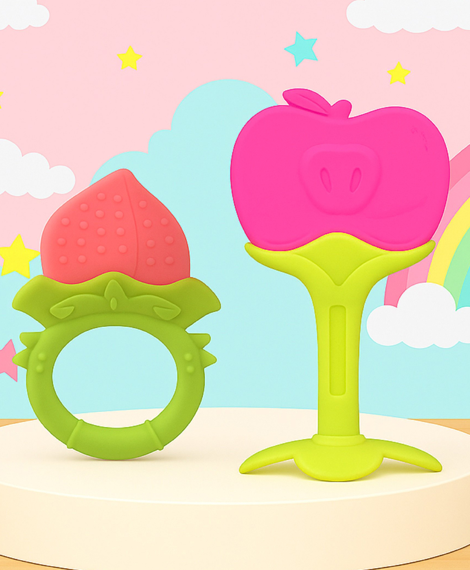 The Cheeky Kidzz Baby Soft Silicone Teethers Fruit Shape Hygienic Colorful Chewable Bendable Teething Pain Relief for Newborns BPA Free (PINK)-image-10