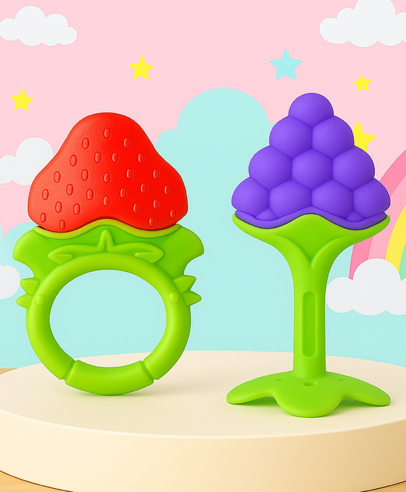 The Cheeky Kidzz Pack of 2 Baby Fruit Shape Soft Silicone Teething Teethers Hygienic Silicone Colorful Chew Toy for Teething Relief BPA Free (RED)-image-36