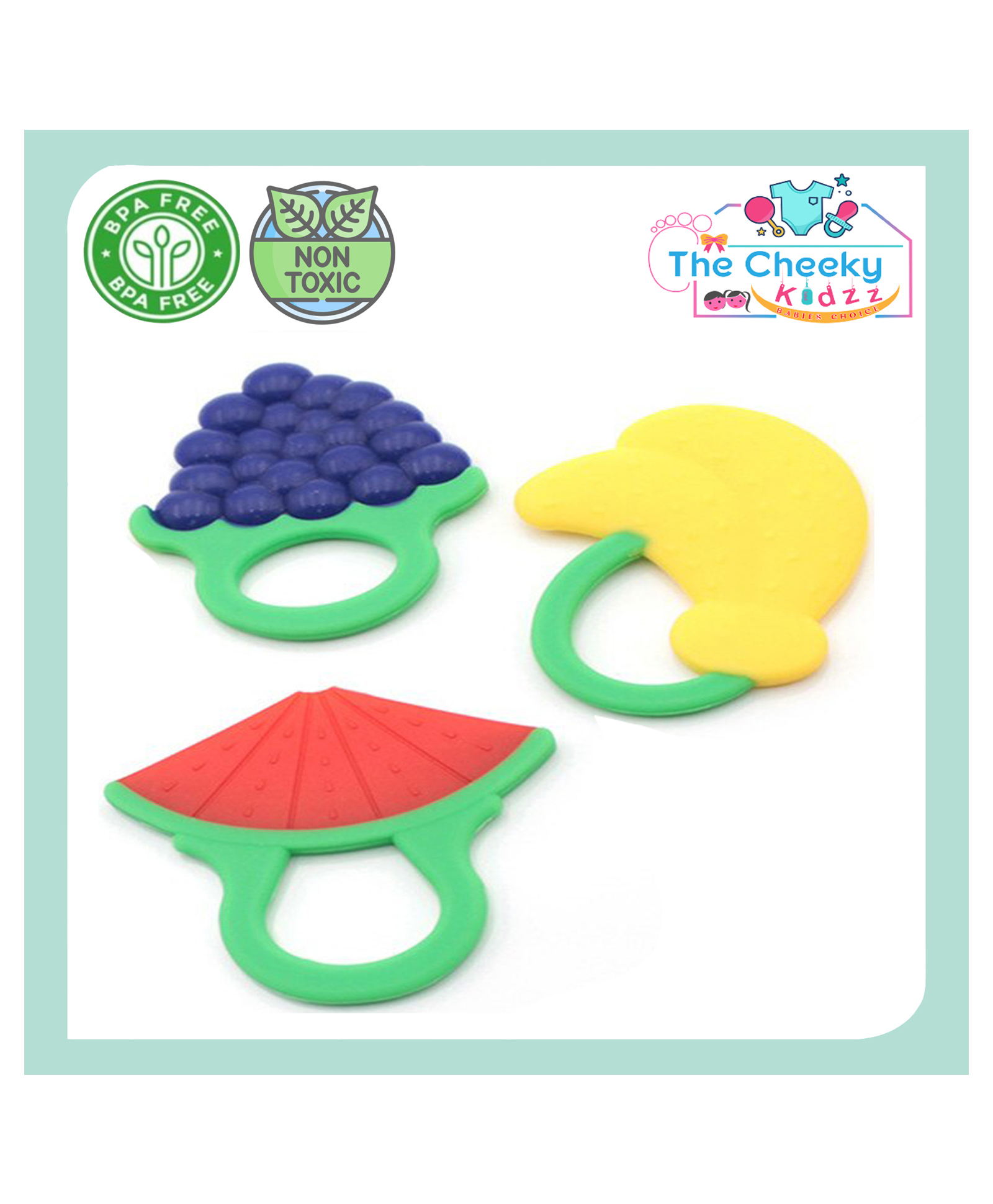 The Cheeky Kidzz Pack of 3 Baby Soft Silicone Teethers Hygienic Silicone Colorful Chew Teething Pain Relief BPA Free 6 to 12 Months (FRUITS)-picture-17