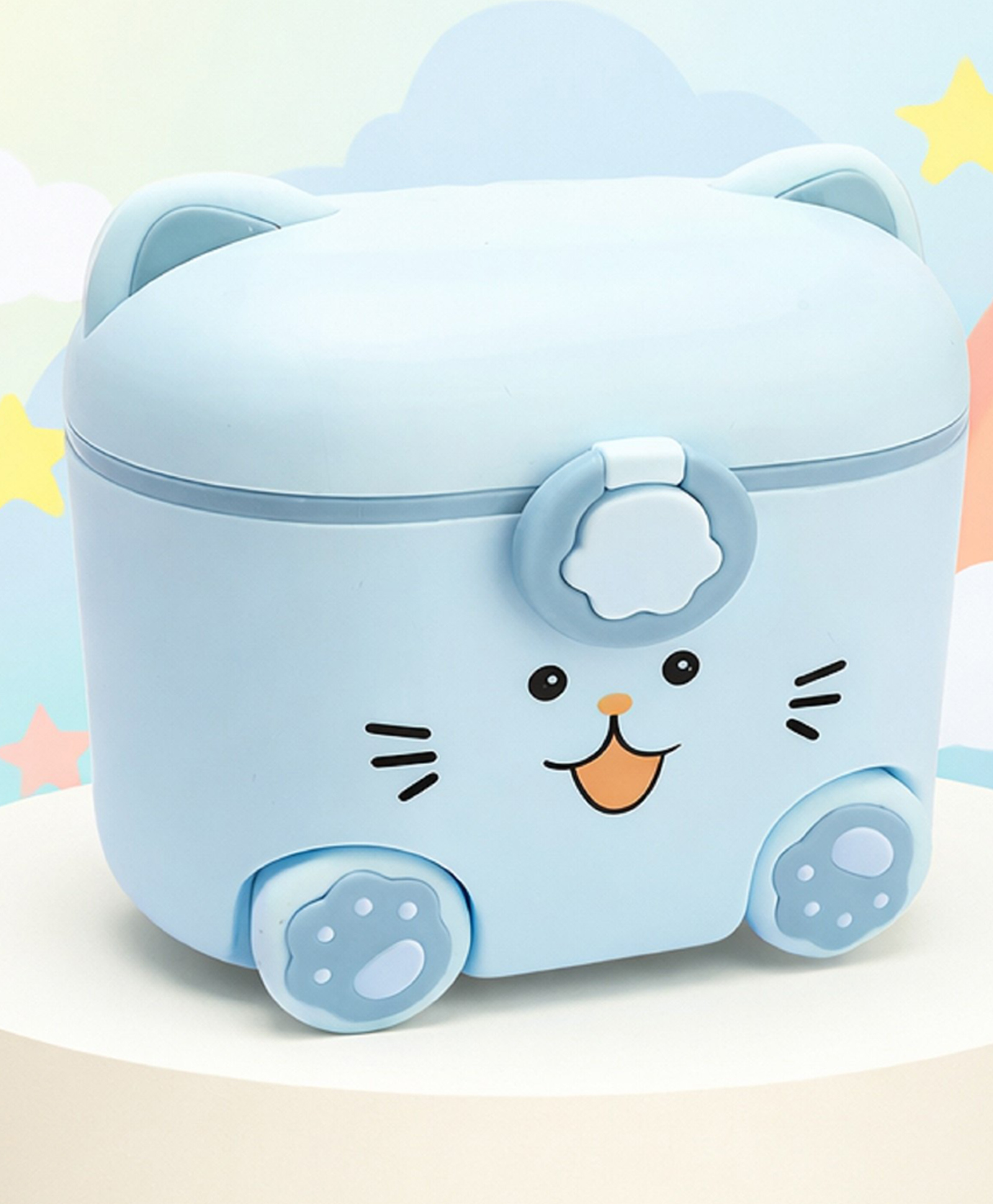 The Cheeky Kidzz Baby Milk Powder Cereal Formula Dispenser Scoop Cute Cat Face Print Box | Multifunctional Snack Meal Box Storage Container First Feed Box (BLUE)-image-3