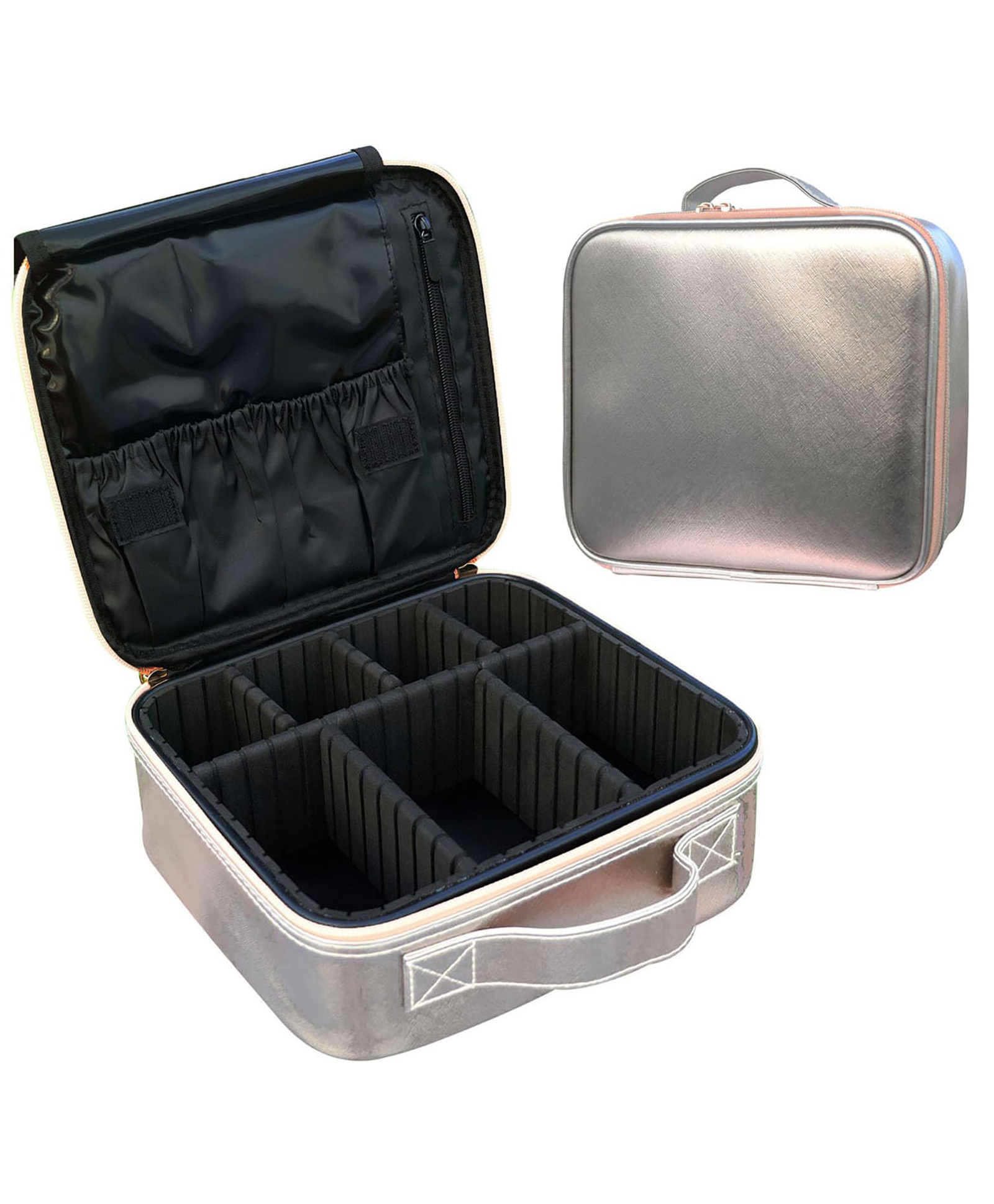 House of Quirk Makeup Cosmetic Storage Case with Adjustable Compartment (Shimmer Silver)-image-46