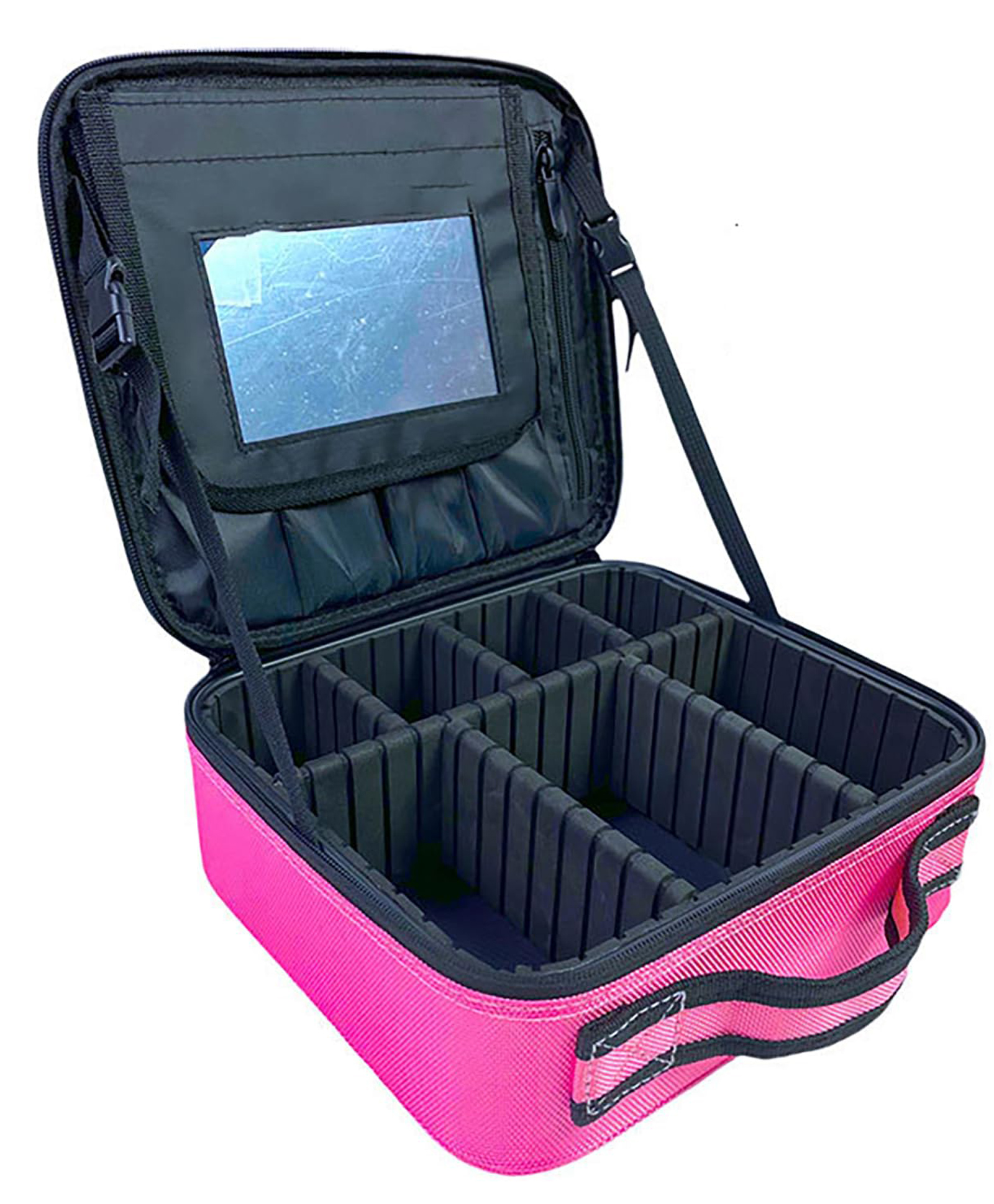 House of Quirk Makeup Bag With Mirror, Cosmetics Organizer Bag, Travel Makeup Box Train Case & Adjustable Dividers, Professional Cosmetic Accessories Case, Portable Travel Case - Pink-image-12