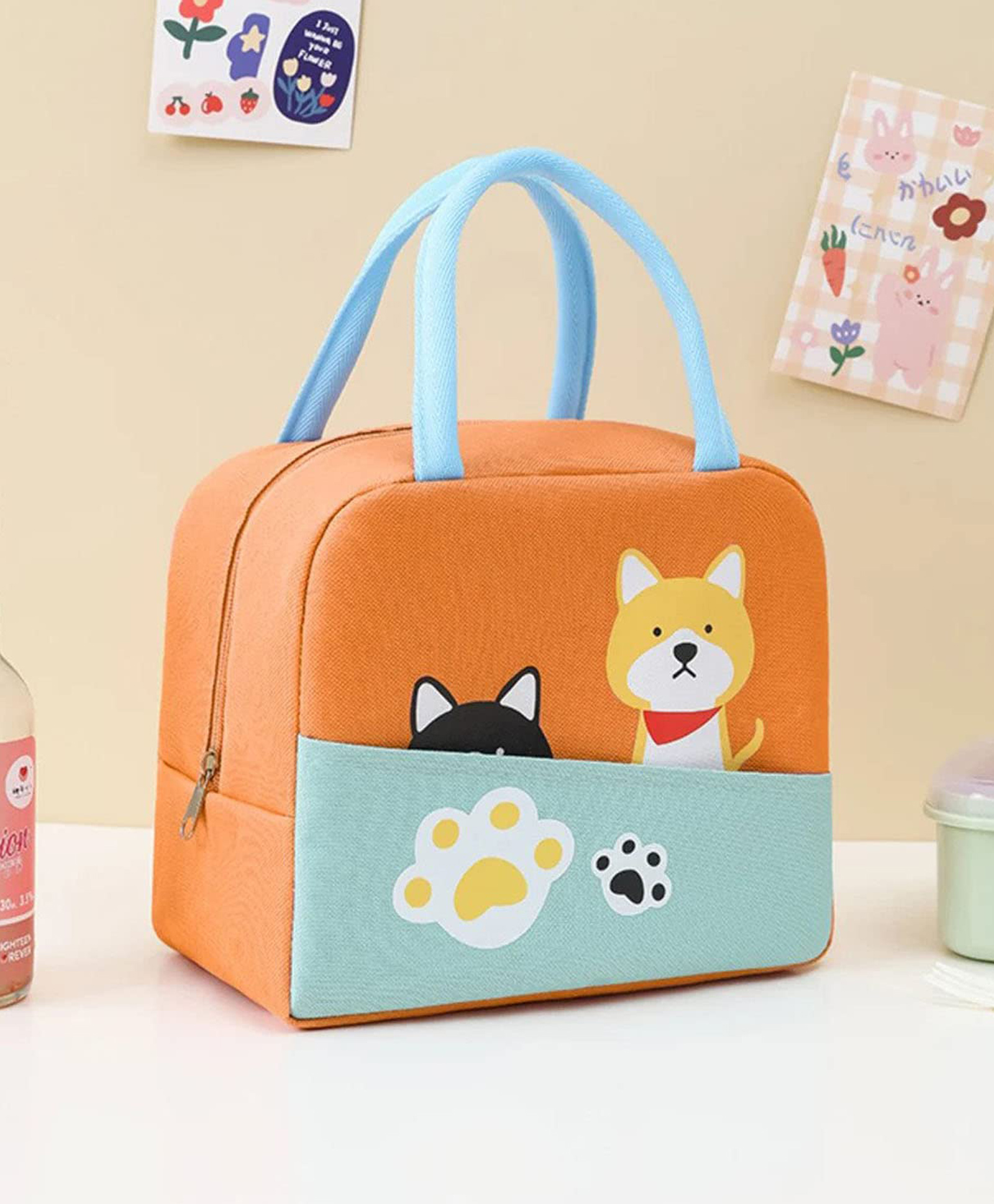 House of Quirk Insulated Reusable Lunch Bag Tote Bag For Women Printed Lunch Bag For School Picnic (Orange/Blue/Black Cat Yellow Dog(Oxford Cloth+Thermal Insulation Material), 5 Liters-image-12