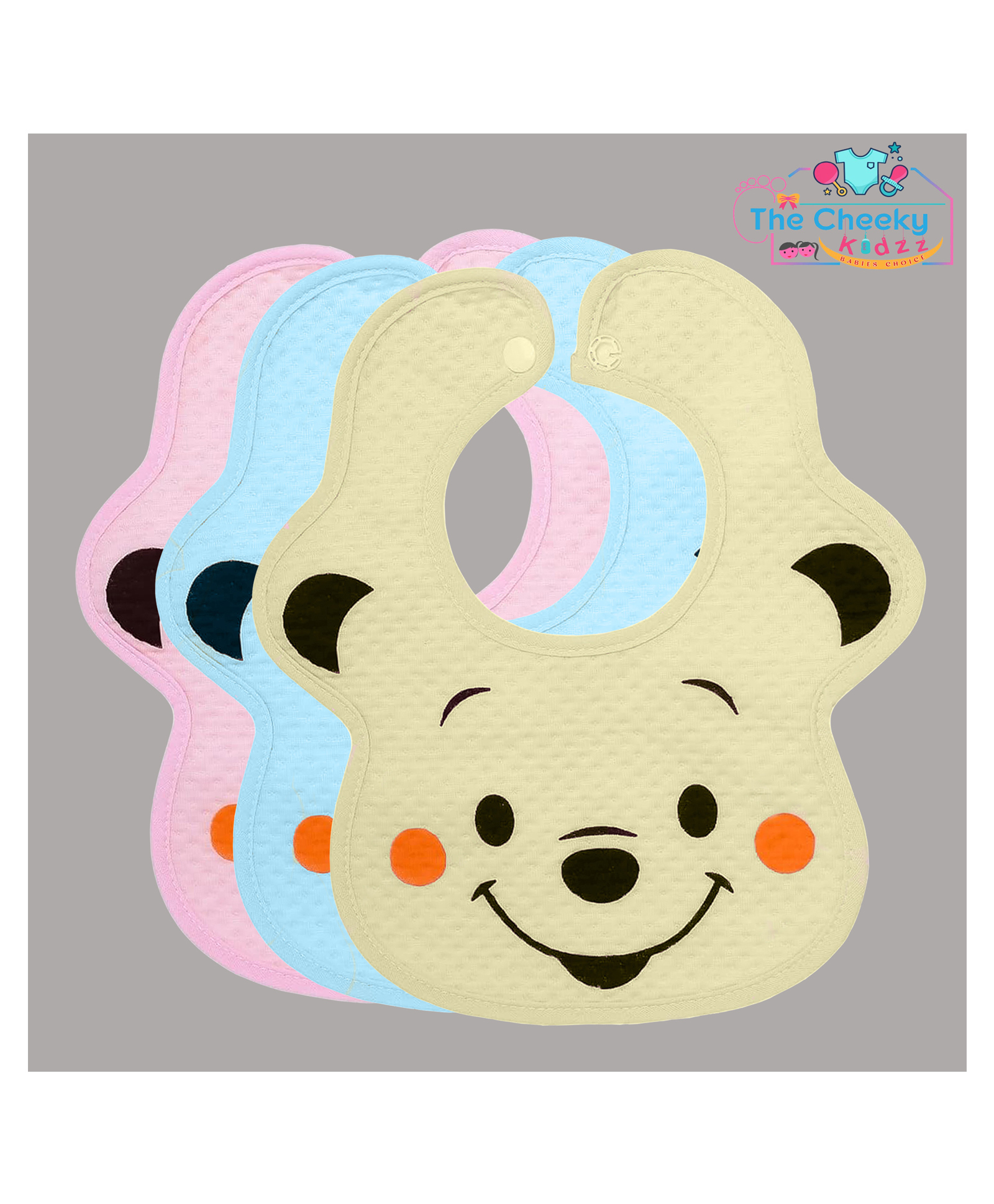 The Cheeky Kidzz Baby Pack of 3 Double Layer Ultra Soft Cotton Fast Dry-Waterproof Stylish Everyday Use Feeding Tich Button Bibs Aprons (FACE SMILE)-picture-33