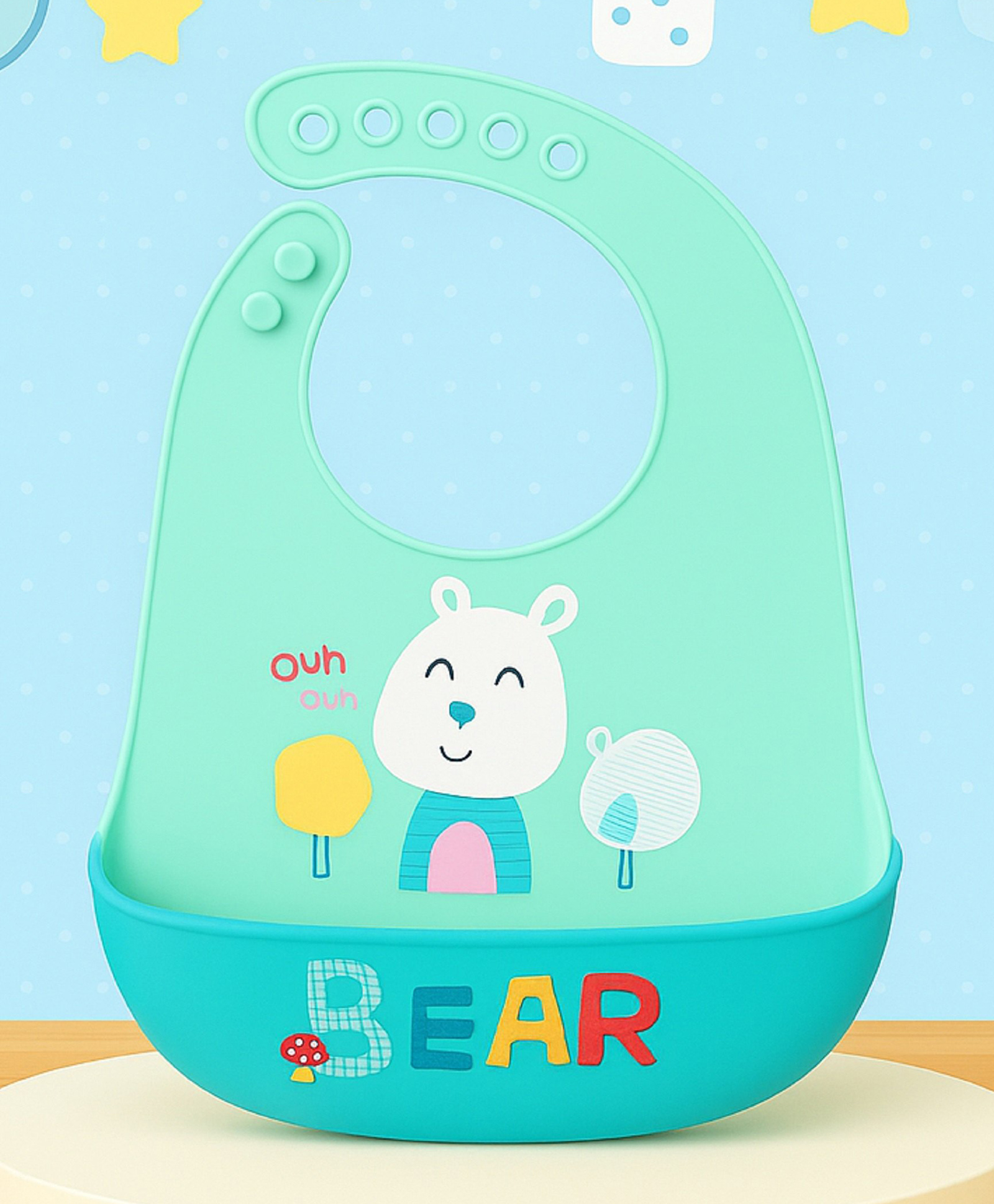 The Cheeky Kidzz Baby Silicone Bear Print Feeding Bib Waterproof Easy Stain Proof BPA Free Bib With Tray/Food Catcher 5 Months To 2 Years (SEA GREEN)-image-34
