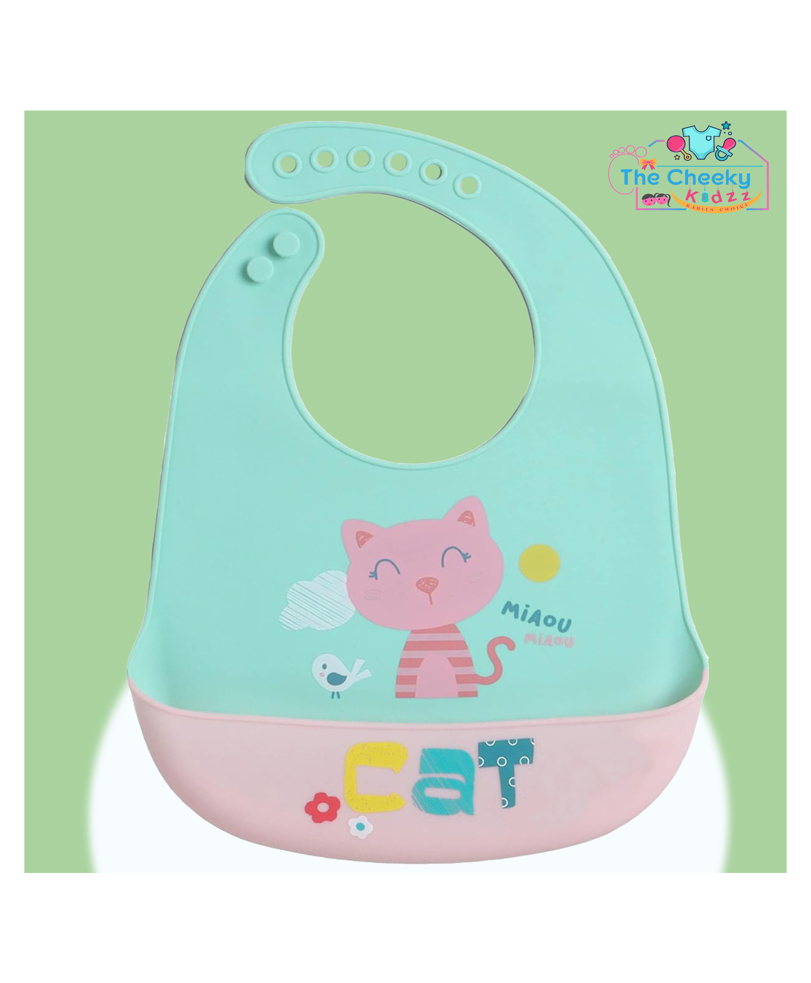 The Cheeky Kidzz Baby Silicone Cat Print Feeding Bib Waterproof Easy Stain Proof BPA Free Bib With Tray/Food Catcher 5 Months To 2 Years (GREEN)-picture-22