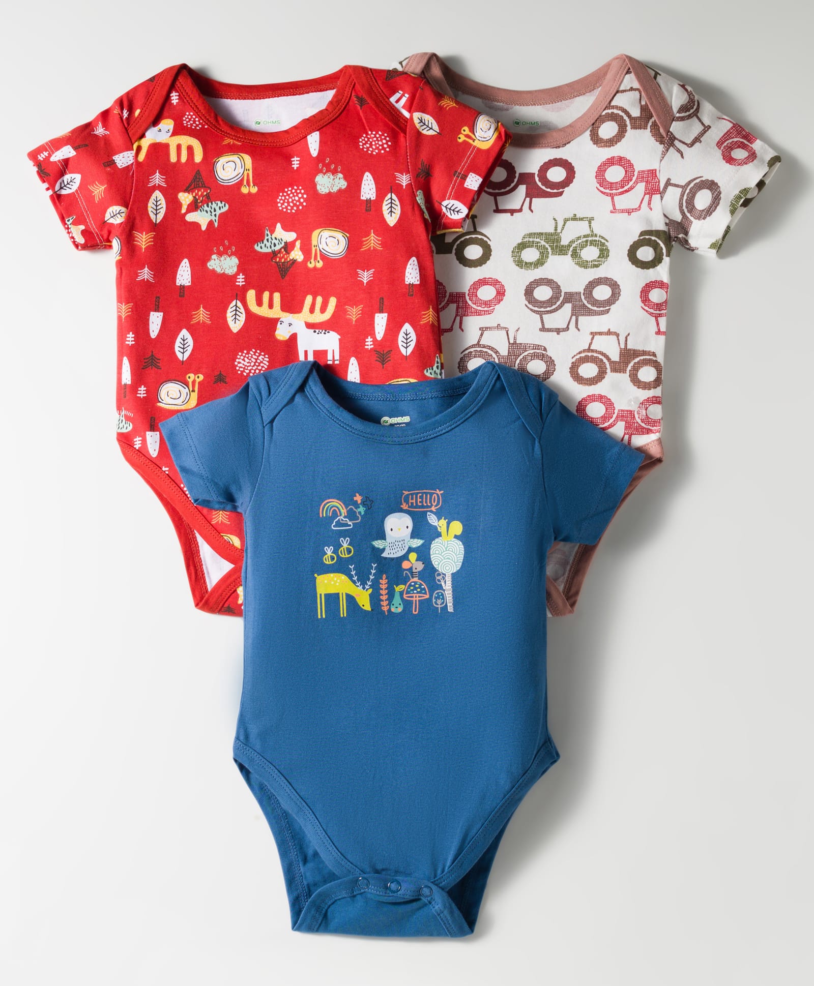 OHMS Single Jersey Knit Half Sleeves Onesies with Animal & Vehicle Print Pack of 3 - Red Blue & Cream-picture-11